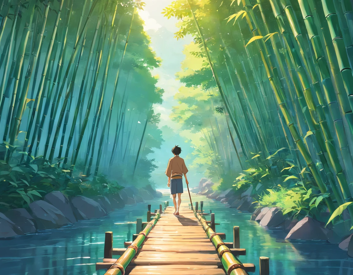 A man steps on a bamboo pole and crosses the river