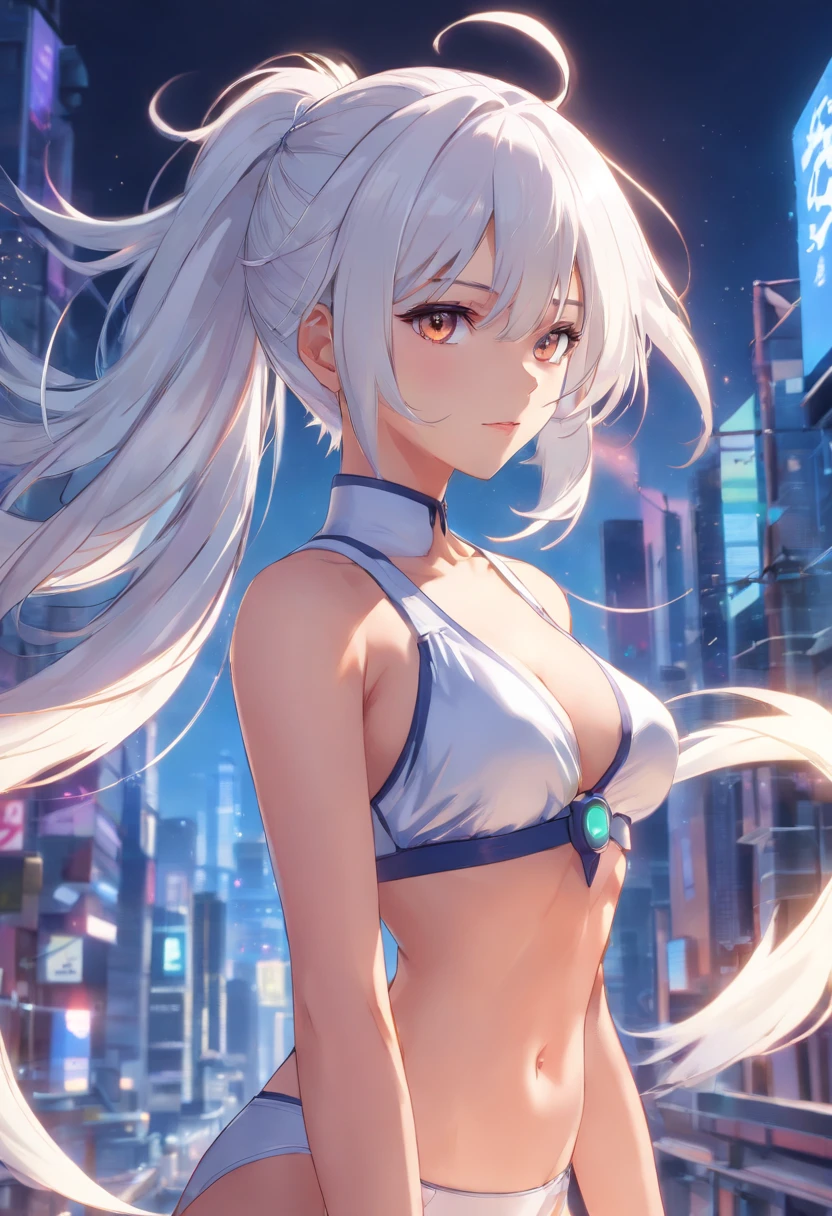 [retro anime], Old anime, 1980s \(Style\), 1990's \(Style\), watercolor paiting \(Medium\), (Women Calvin Klein ), ((Best Quality)), ((masutepiece)), [Detailed], [Anime & Manga Images], [Captivating], [Enchanting], {Ponytail}, Old School, Solo, dark skinned female, White hair, (hyperdetails:1.15), [Detailed], ((Best Quality)), ((masutepiece)), (Soft light, sharp:1.2), (Illustration, nffsw, Unreal Engine, Sharp Focus,), By quality, Best Quality, Official art, ultra detailed texture, ((Art by Marc Brunet)), [pixiv], (Femdroids), {Female Android}, [Femdroids],