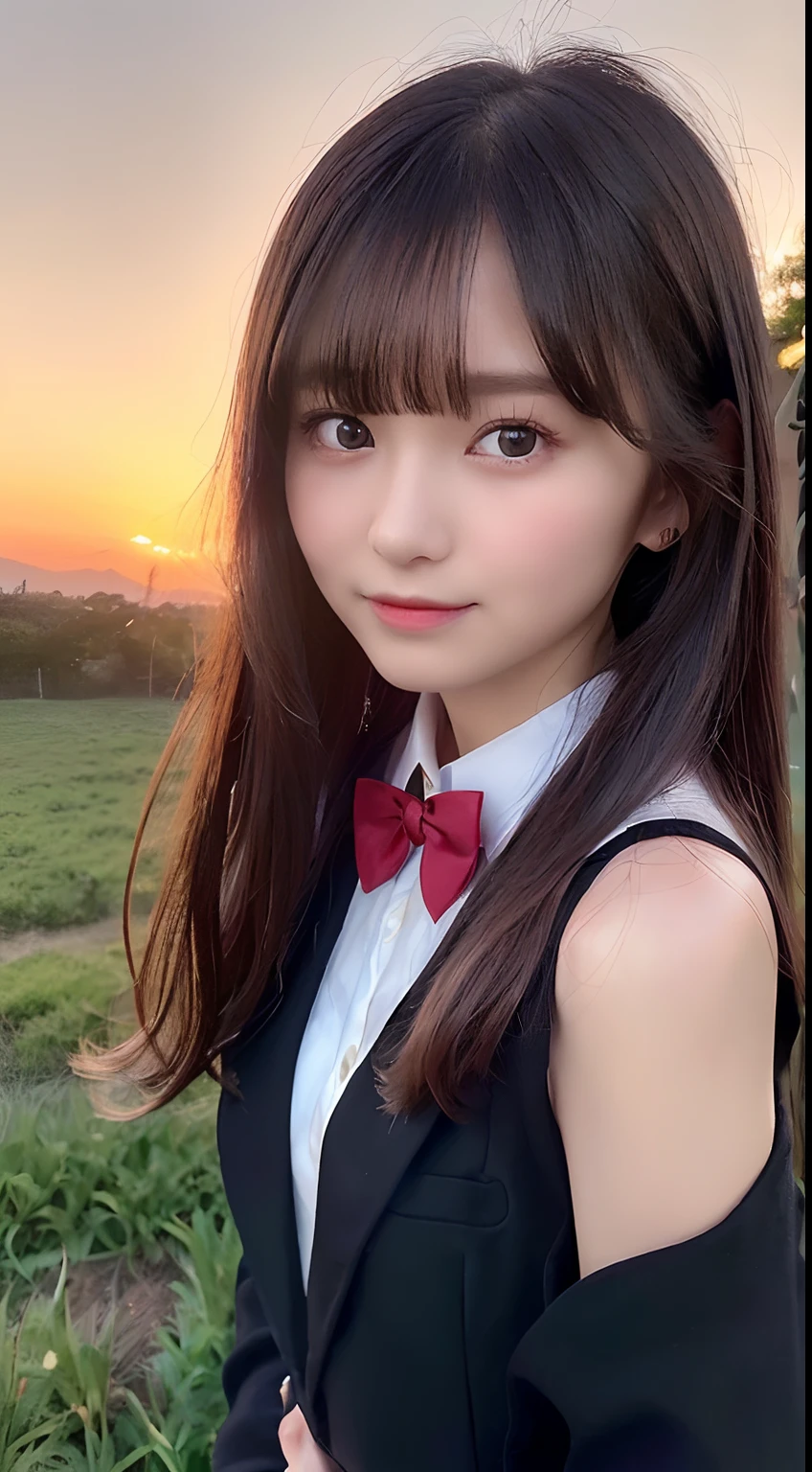 (Close up portrait of one girl with slender small breasts and long hair dull bangs in black blazer school uniform with red edging collar:1.5)、(One girl standing with little smile on the meadow、the hair flutters with the wind :1.5)、(Beautiful sunset red sky:1.5)、(Perfect Anatomy:1.3)、(No mask:1.3)、(complete fingers:1.3)、Photorealistic、Photography、masutepiece、top-quality、High resolution, delicate and pretty、face perfect、Beautiful detailed eyes、Fair skin、Real Human Skin、((thin legs))、(Dark hair), (((open bresats:1.5))),