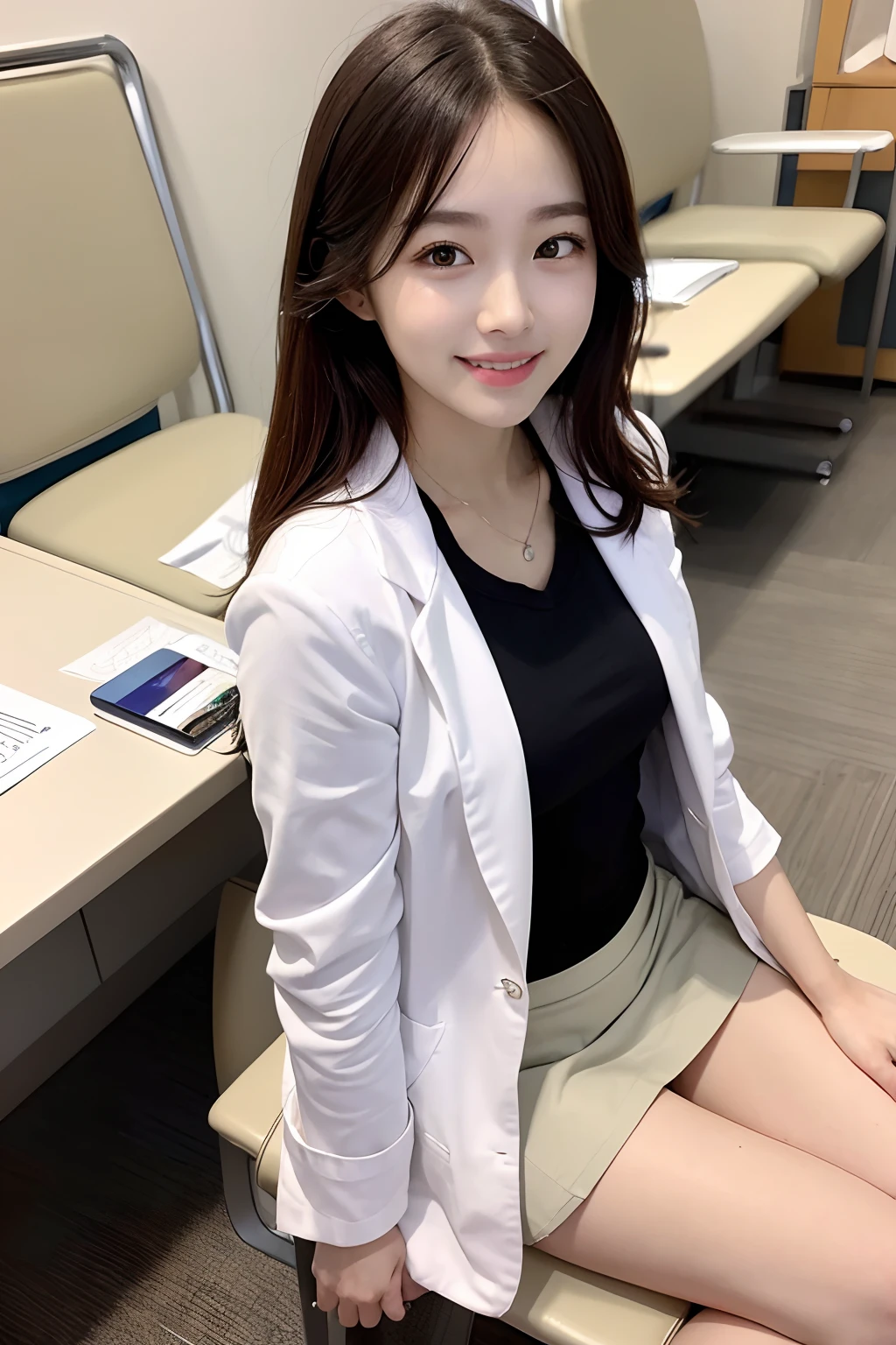Female doctor in white coat、1Man Woman、(Smile Face:1.1)、Slim Face、The most beautiful women in the world、hyperdetailed face、Detailed eye、二重まぶた、Kamimei、perfect teeth、Perfect tooth alignment、(glistning skin)、(sun-kissed skin)、(real looking skin)、Blurred background、full body Esbian、frontage、Slim Face、Brightly colored clothing、Sit in a chair in the exam room、Wear a stethoscope、From above、a miniskirt、beautiful hairl、Full Body Pose、(pureerosface_v1:0.8)、a small face、ssmile、A sexy、hide one's hands