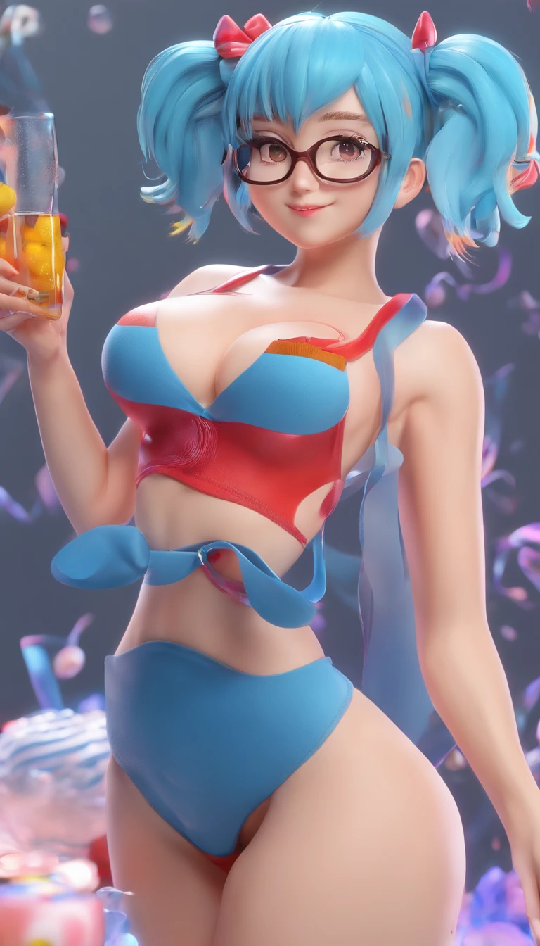 nsfw, , curvy, large breasts, hair over eyes, short ponytail, blue hair, hair ribbon, tsurime, yellow eyes, seductive smile, micro bikini, with a man, {{spooning}}, love juice, glasses,red hair