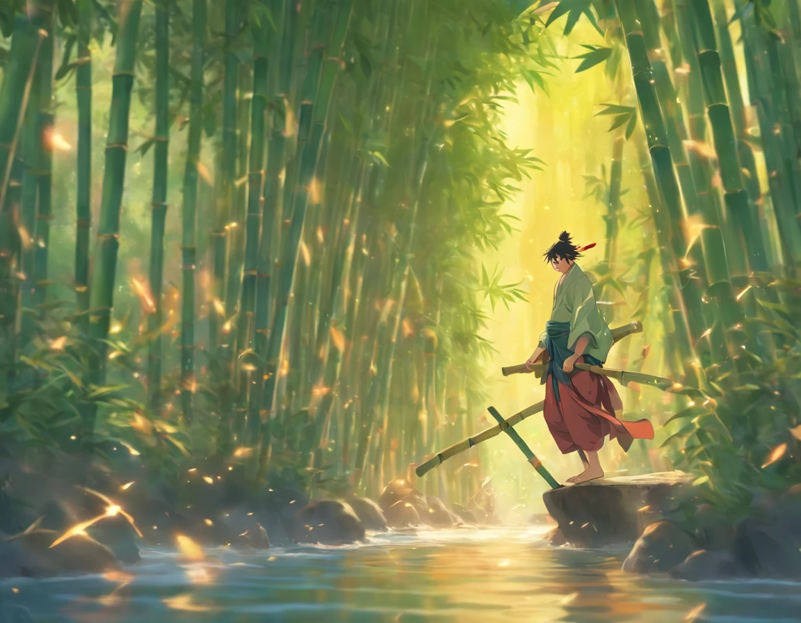 A man steps on a bamboo pole and crosses the river,Character frontal,Big rivers
