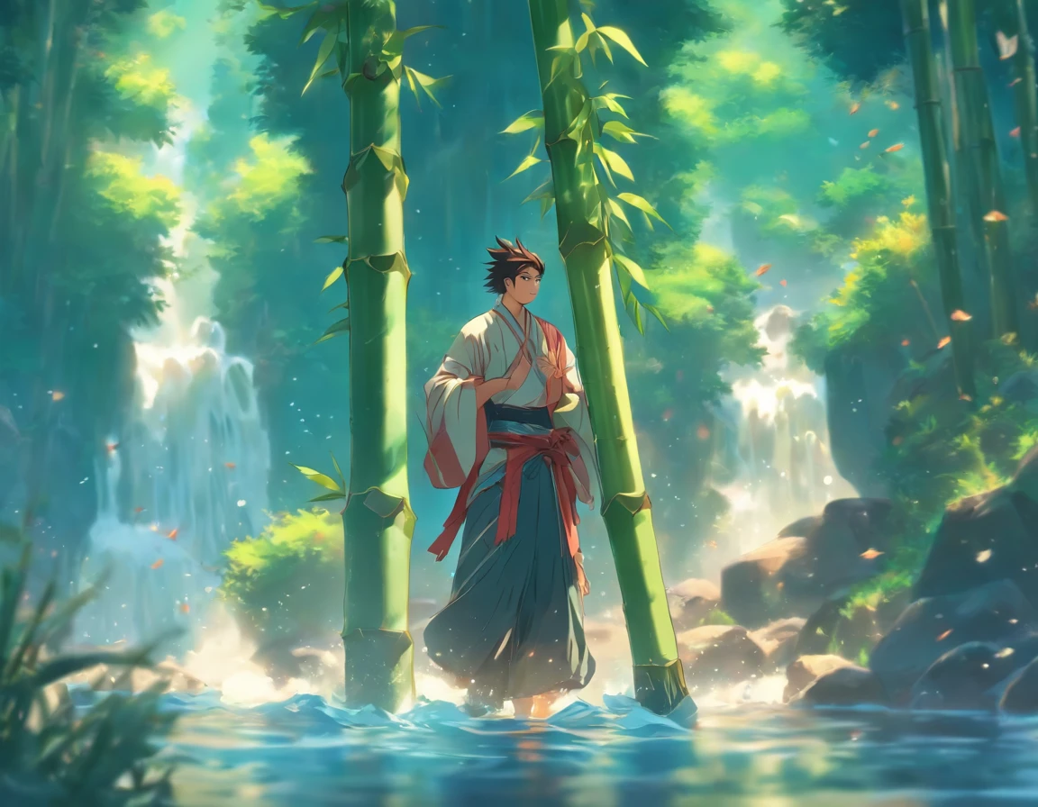A man steps on a bamboo pole and crosses the river,Character frontal,Big rivers