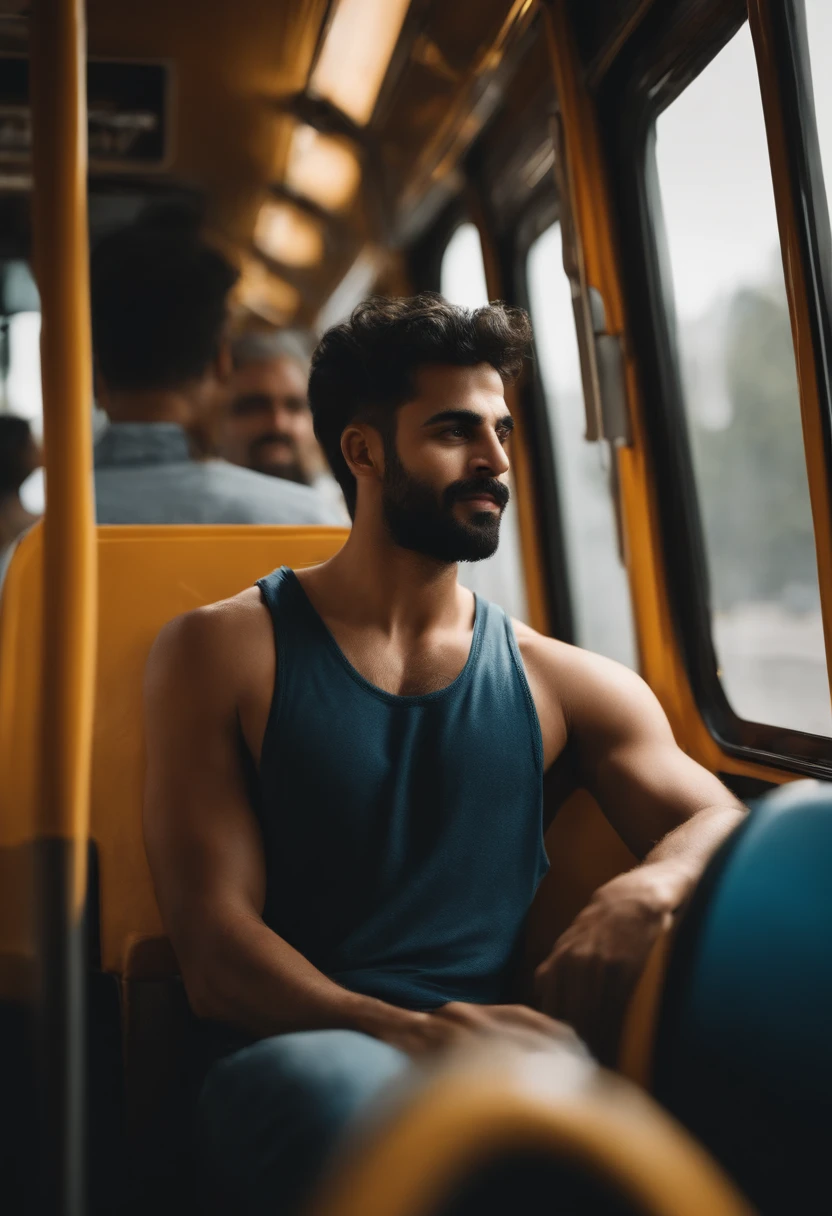 candid photo of a (persian) man sitting on a bus, view from the side, (wearing jeans and a tank top), 4k photography, [high resolution]