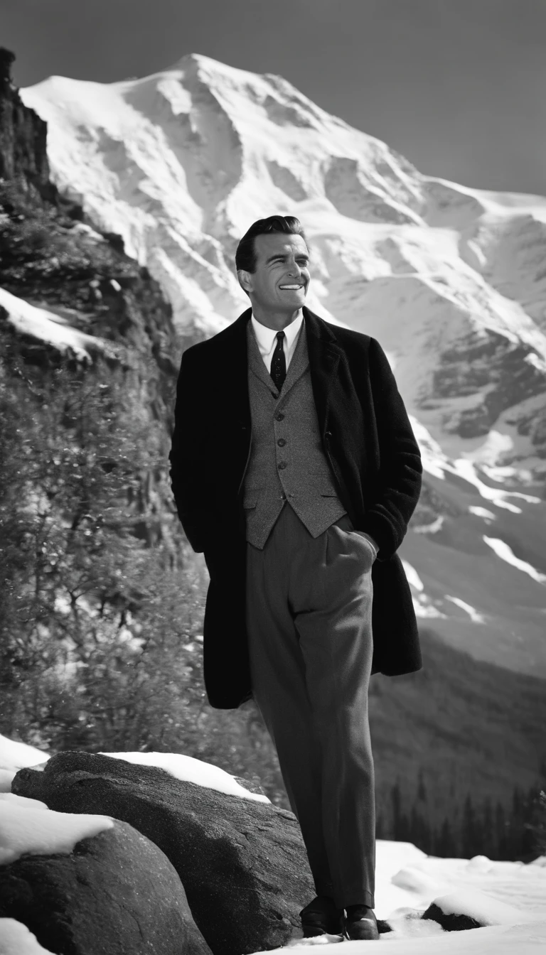 A scientist, strong personality, Kind, smiling, Full body picture, well dressed, A snow mountain in the background, 1960, hyper-realistic, Photo realism, cinematography, black and white