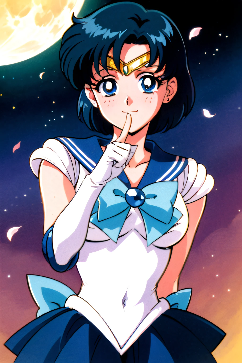 (top-quality:1.3), (​masterpiece:1.4),(Anatomically correct), (Full limbs),(complete fingers),(Precise fingertips), (Fine details),(8K),Photorealista,Sailor Moon!!!!!!!!, Sailor Moon Style,by Sailor Moon, Sailor Senshi Uniform,(Sailor Mercury:1.25),aqua eyes, Dark green hair, 1990's,(Style), (cel anime:1.1), Official art, Perfect Lighting,Colorful, Bright_front_Face_Lighting, Kodak Portra 400, Film grain, Blurry background, Bokeh:1.2, Lens Flare, (Vibrant_Color:1.2),Beautiful Full Moon, Beautiful sky, Sky with stars,flower  field, Rose petals, rot, amarelo , blanche,Romantic light