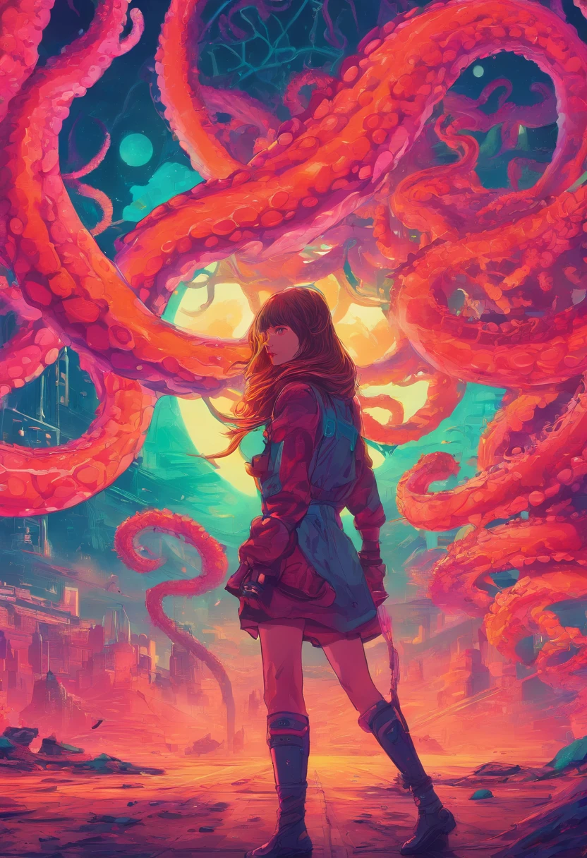 Anime - Stylistic image of a woman standing in front of a giant octopus, Fine details. anime big breast. Tentacles, Anime epic artwork, dreamy psychedelic anime, colorful concept art, emotional concept art, Beeple e James Jean, many tentacles, anime visuals, tentacles around, artgem and beeple masterpiece, Anime art wallpaper 4 K