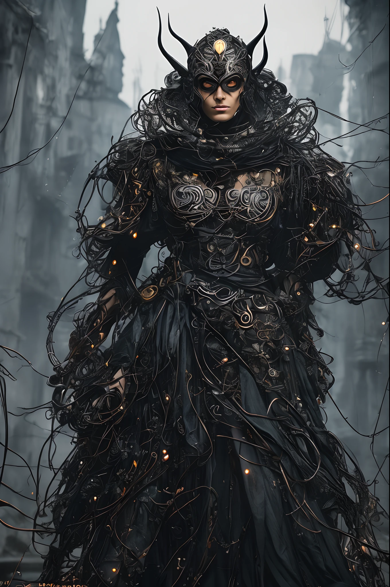 a beautiful futuristic portrait covered by mask made of wires and black pearl, necklace made by silk and wires twisted around neck, design by leonardo davinci, inspired by egon schiele, evil villain grin, evil grin, fantasy horror art, photorealistic dark concept art, in style of dark fantasy art, detailed 4k horror artwork, stefan koidl inspired, ((stefan koidl)), modern art, baroque art jewelry, new classic, fashion design, photorealistic, hyper realistic, cinematic composition, cinematic lighting, fashion design, concept art, hdri, 4 k, detailmaster2, detailed eyes, detailed face, detailed skin, Movie Still, Negative prompt: verybadimagenegative_v1.3, ng_deepnegative_v1_75t, (ugly face:0.8), cross-eyed, sketches, (worst quality:2), (low quality:2), (normal quality:2), lowres, normal quality, ((monochrome)), ((grayscale)), skin spots, acnes, skin blemishes, bad anatomy, DeepNegative, facing away, tilted head, {Multiple people}, lowres, bad anatomy, bad hands, text, error, missing fingers, extra digit, fewer digits, cropped, worstquality, low quality, normal quality, jpegartifacts, signature, watermark, username, blurry, bad feet, cropped, poorly drawn hands, poorly drawn face, mutation, deformed, worst quality, low quality, normal quality, jpeg artifacts, signature, watermark, extra fingers, fewer digits, extra limbs, extra arms, extra legs, malformed limbs, fused fingers, too many fingers, long neck, cross-eyed, mutated hands, polar lowres, bad body, bad proportions, gross proportions, text, error, missing fingers, missing arms, missing legs, extra digit, extra arms, extra leg, extra foot, text, error, cropped, worst quality, low quality, jpeg artifacts, ugly, duplicate, morbid, mutilated