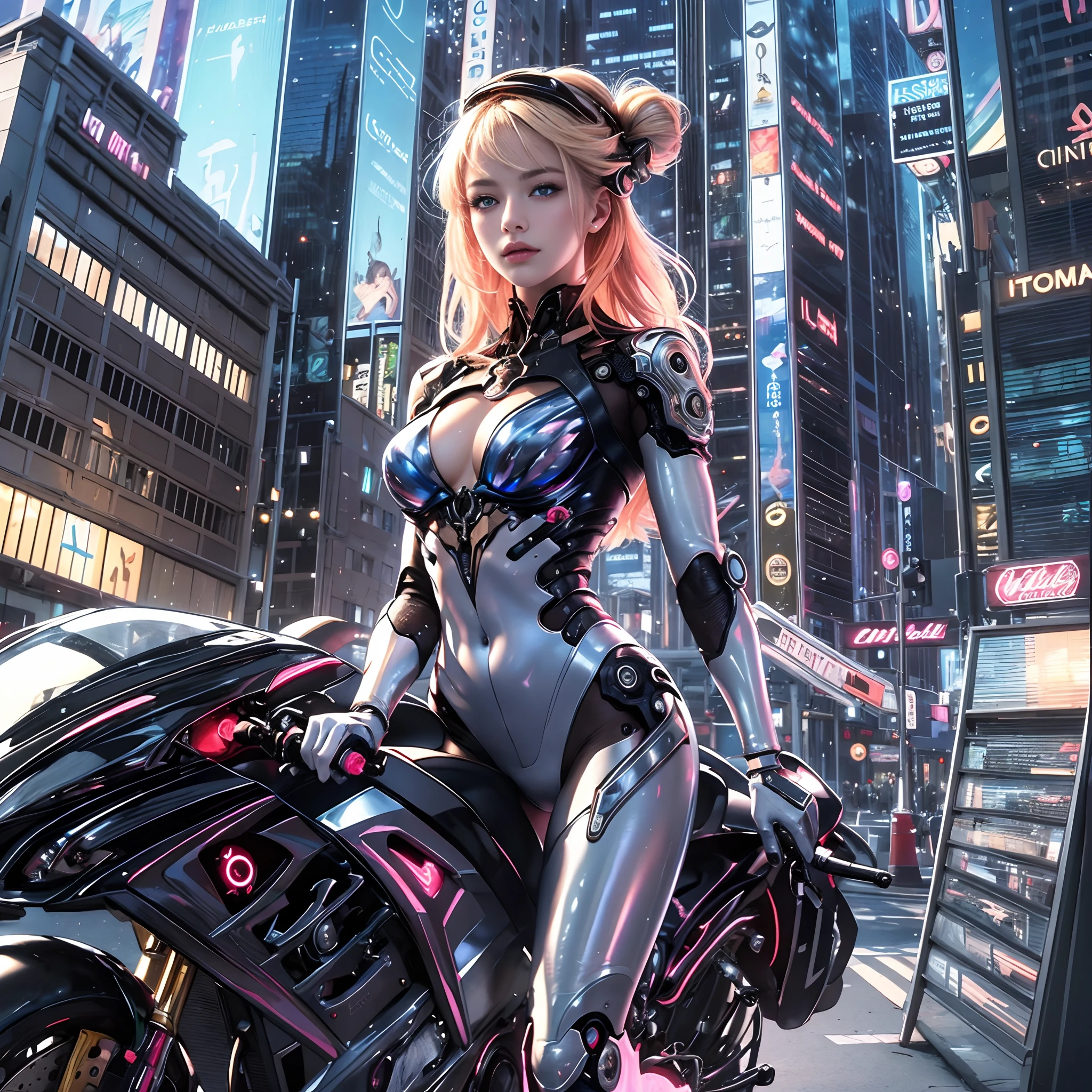 ((masterpiece)), ((best quality)), (ultra-detailed), ((high contrast)), (high saturation), (beautiful detailed eyes), ((an extremely delicate and beautiful)), (nice hands), ((perfect hands)), (mechanical cyber city in background), future city, summer, outdoors, girl riding a motorcycle, medium hair, blond hair, asymmetrical bangs, beautiful detailed glass hair, blue eyes, small breasts, mechanical suit, ((gloss body)), (very shiny body), clear parts, jewelry, ornaments, gorgeous, luxurious, fabulous, illuminations scattered all over the body, illumination shines, robort, cyborg, android, bodysuit