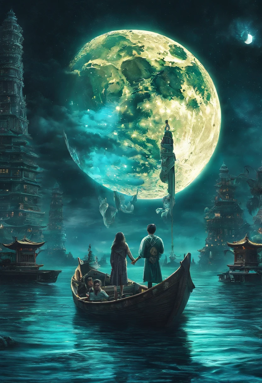 Vast night,the beautiful skyline,Vast ocean,Intense and dramatic imagery,the moving visual effects,A bright moon hanging high,Colorful natural light。A little boy sits on a lonely boat,Reaching out is an ancient lamp,The green face is full of years,Look at the blue-cyan Kong Ming lantern floating in the sky,The whole night sky is covered with cyan,Green Lantern Night Tour