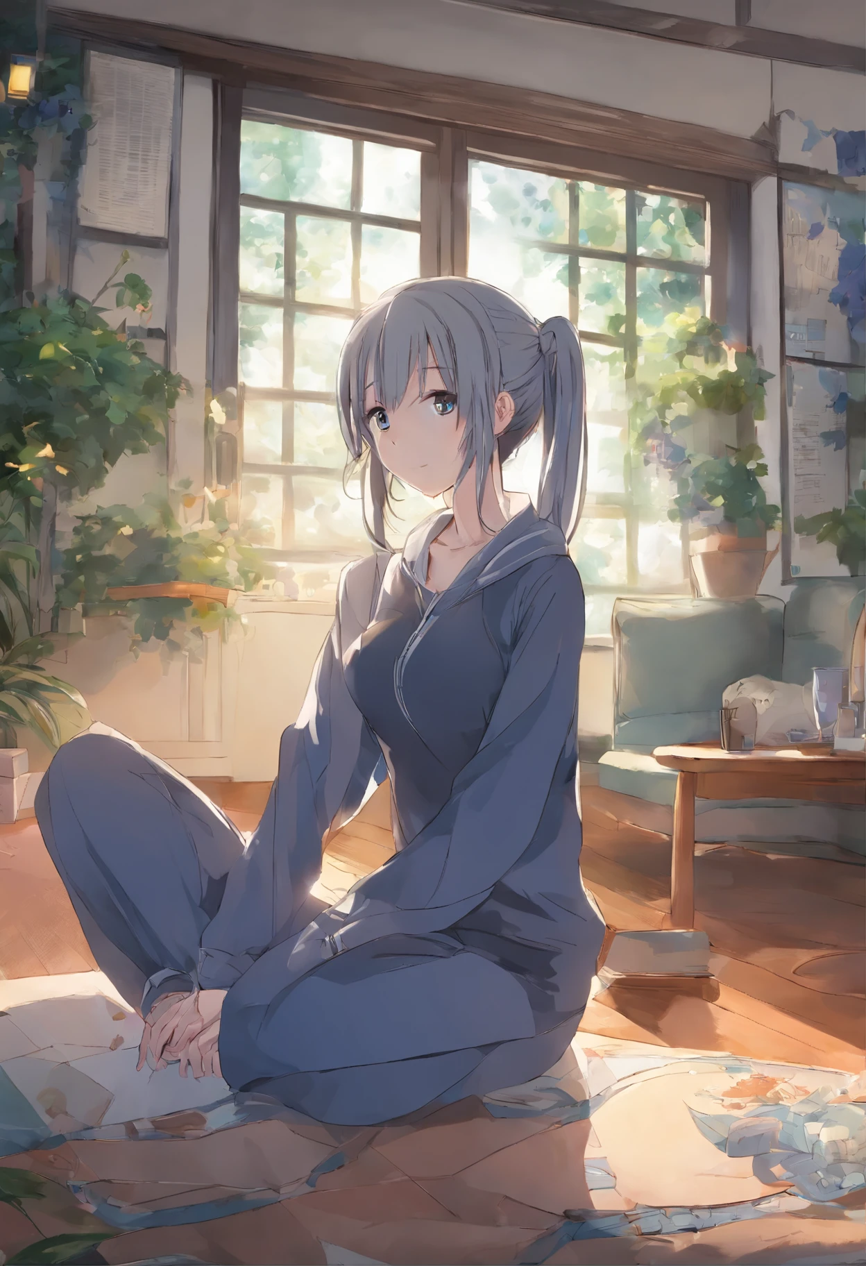 "A girl with a bell-shaped hairstyle, medium-sized breasts, brown eyes, a bright smile, wearing jeans, a scarf, a gray sweatshirt, and blue pants, sitting cross-legged in a zen-like pose. The scene is set in the interior of a smart home, with the girl sitting on a sofa. The artwork is in the style of an anime with elements of Sword Art Online. The overall image quality is of the highest standard (best quality, 4k, 8k, highres, masterpiece:1.2), with ultra-detailed and realistic rendering. The colors are vibrant, and the lighting is carefully done to create a captivating atmosphere."