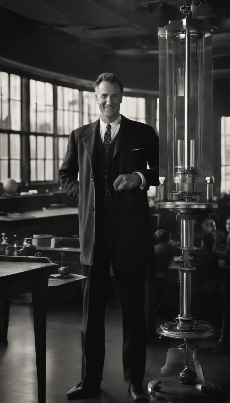 A scientist, strong personality, Kind, smiling, Full body picture, well dressed, A huge Newton pendulum in the background, 1940, hyper-realistic, Photo realism, cinematography, black and white