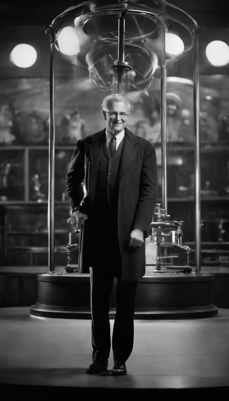 A scientist, strong personality, Kind, smiling, Full body picture, well dressed, A huge Newton pendulum in the background, 1940, hyper-realistic, Photo realism, cinematography, black and white