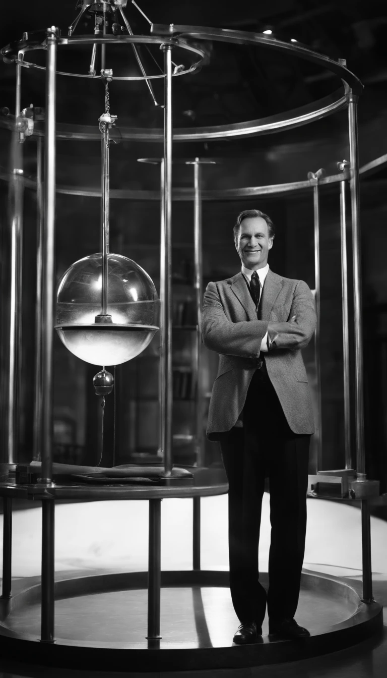 A scientist, strong personality, Kind, smiling, Full body picture, well dressed, A huge Newton pendulum in the background, 1940, hyper-realistic, Photo realism, cinematography, black and white