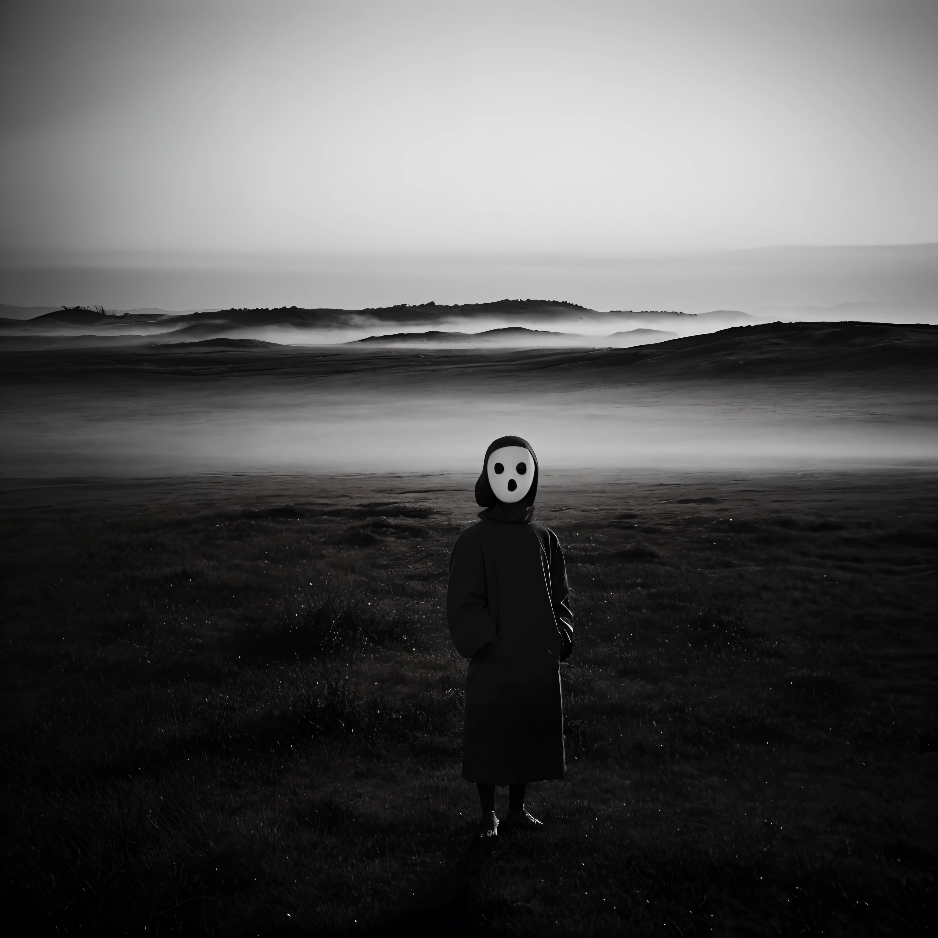 (best quality,4k,8k,highres,masterpiece:1.2),ultra-detailed,(realistic,photorealistic,photo-realistic:1.37),Man wearing no-face from "Spirited Away" mask,hidden depression,expressive eyes,sadness,loneliness,ethereal atmosphere,Japanese anime style,portraits,mysterious,hiding emotions,hazy background,dark shadows,soft lighting,subtle colors,dreamlike,lost identity,empty soul,melancholy,haunting presence,void,black and white tones,distant landscapes,whispering winds,dancing spirits,deep reflection,faint smiles,abandoned emotions,evocative,imagination,distant memories,tranquility