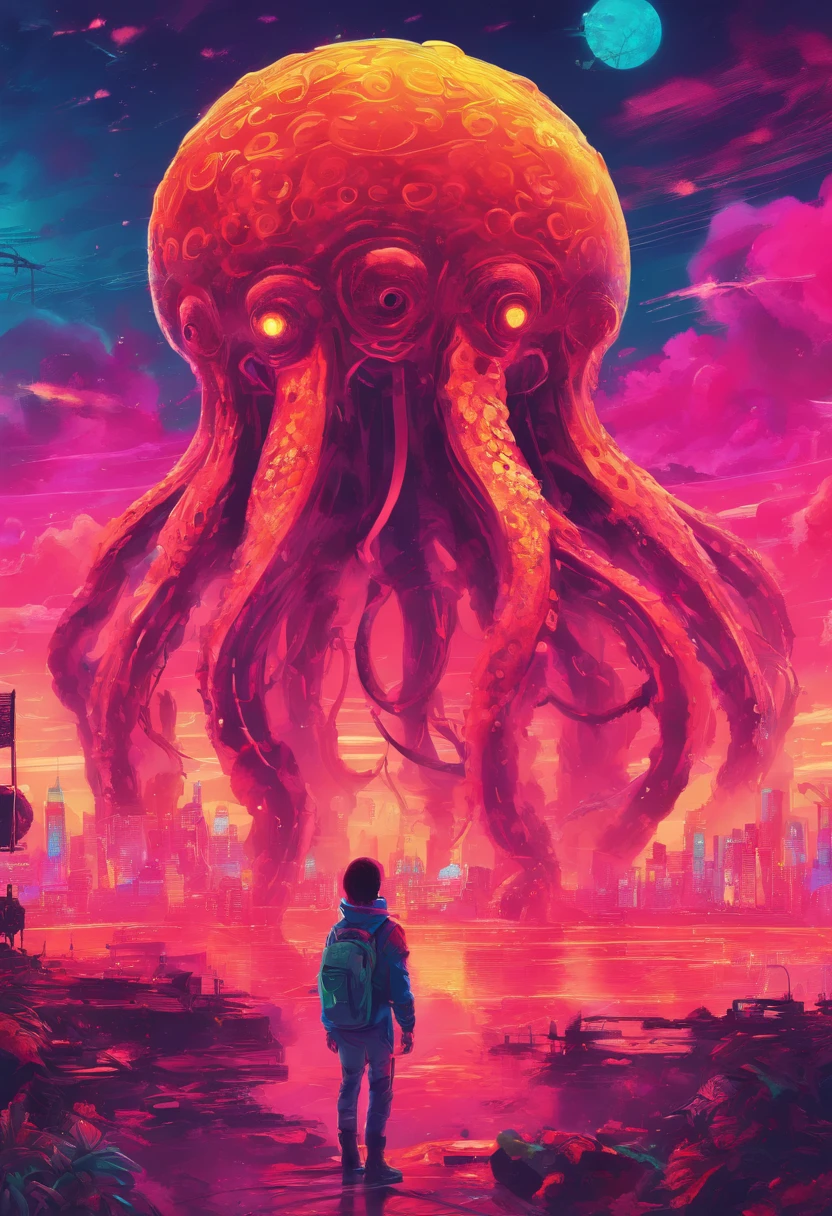Anime - Small human standing in front of a giant octopus, Huge octopus,mechanized,Cyberpunk style,Fine details. anime big breast. Anime epic artwork, dreamy psychedelic anime, colorful concept art, emotional concept art, Beeple e James Jean, anime visuals, artgem and beeple masterpiece, Anime art wallpaper 4 K