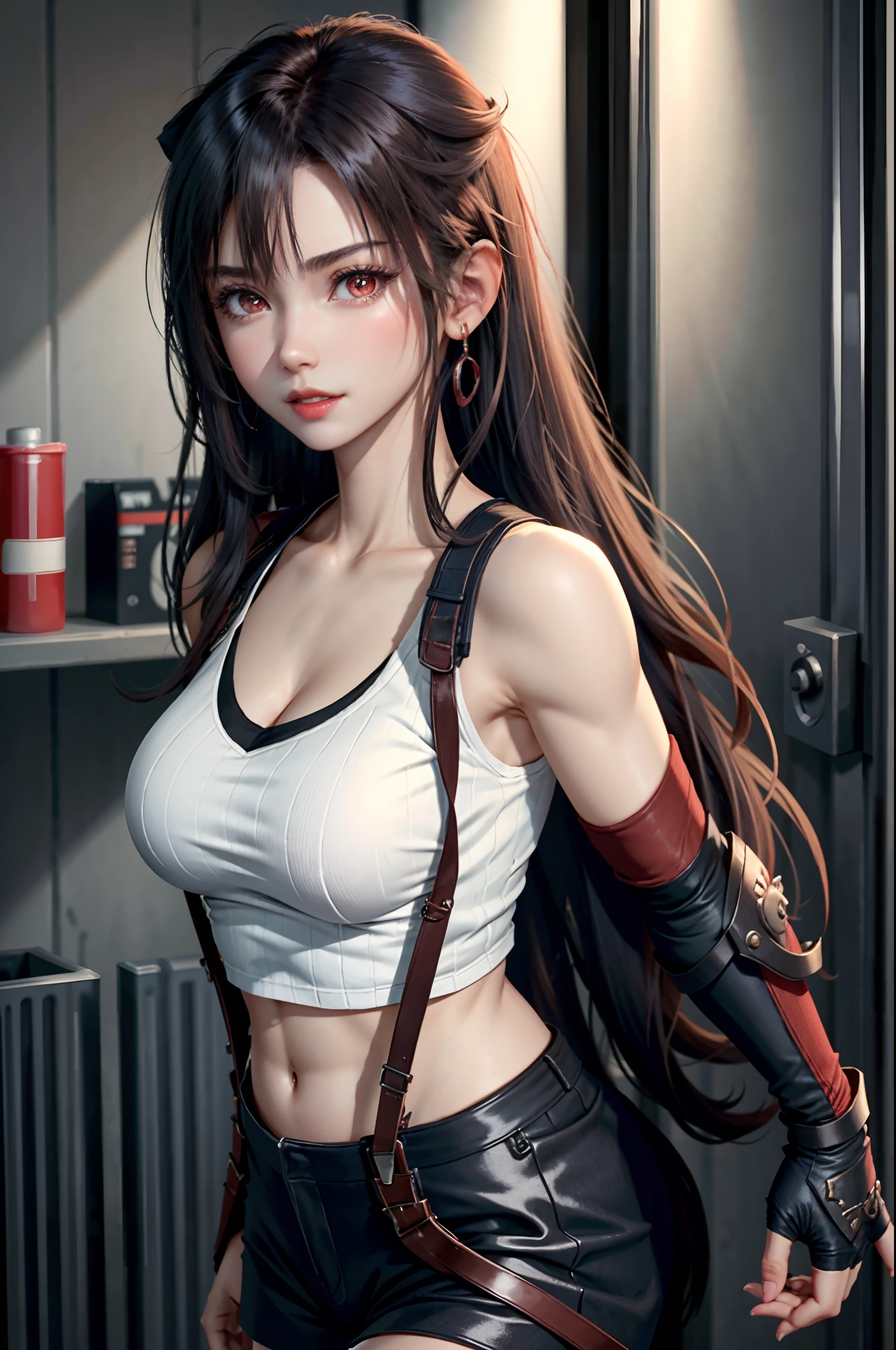 (Masterpiece, Best quality) Tifa FF7, 1girll, Solo, Long hair, Breasts, view the viewer, bangs, Large breasts, shirt, Black hair, Red eyes, mitts, Bare shoulders, jewelry, 鎖骨, White shirt, Upper body, Earrings, parted lip, Elbow gloves, Fingerless gloves, Lips, Crop top, sweeping bangs, Suspenders, vests, Red gloves, Red lips, Gilet blanc, elbow pads