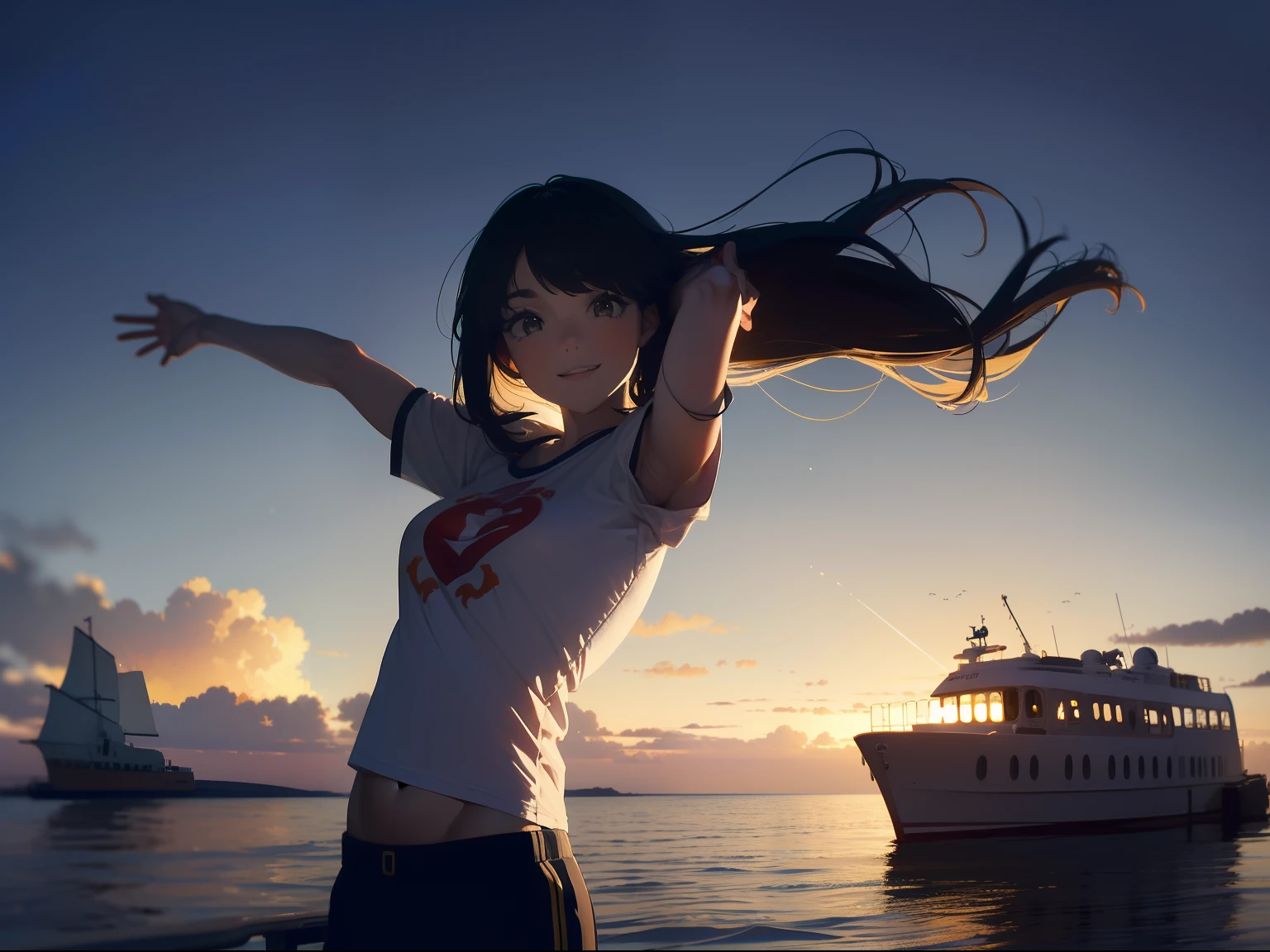 (((Spread your arms on a boat on the sea at dusk)))),((Best Quality, masutepiece :1.3)),((( Large Mouth Bus))),hight resolution,ultra-detailliert,Beauty and aesthetics,masterpiece,best qualtiy,(1 Female 22),Black hair, long eyeslashes, Big cat eyes, a smile, drop shadow, Atmospheric perspective,Super Detail, ccurate, small brest,(White T-shirt :1.1),top-quality, absurderes:1.2, Blurry background of the sea, bokeh dof:1.2, a picture, (masterpiece:1.3), (intricate detailes:1.2), Atmospheric perspective,Super Detail, ccurate,dynamic compositions
