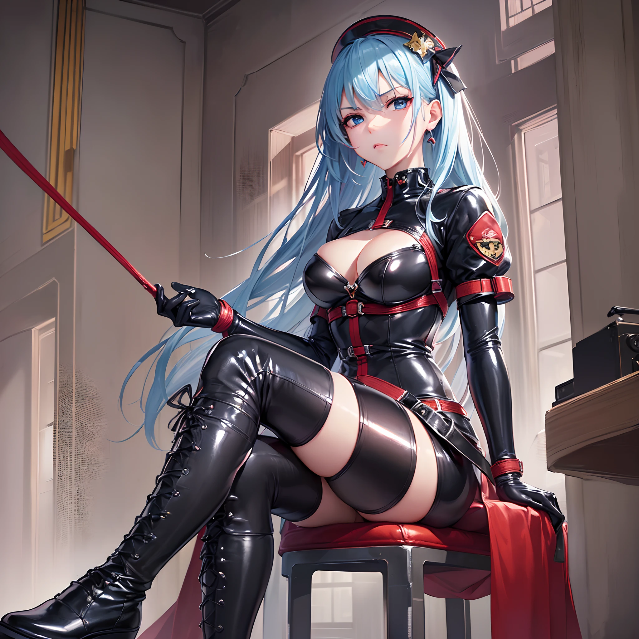 ((Finest quality)),(超A high resolution),(ultra-detailliert),((Best Anime)),sharpnes,Clair,Art with astounding depictions, (1人の女性:1 Condescending look:1.4),Latex bondage,Cone:1.5,Military boots:1.5 Sit on a chair and cross your legs, Have a whip