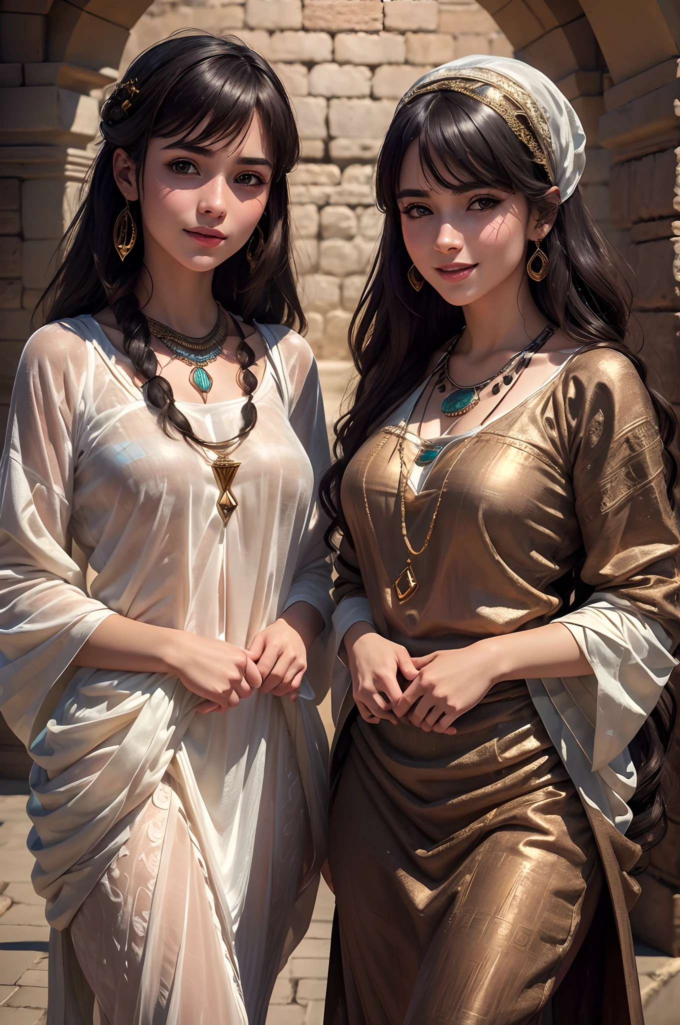 high quality, ultra-realistic, closeup portrait of two Beautiful women of ancient Mesopotamia, full body, ancient Mesopotamian civilization, Babylonia, Uruk, tunics of various lengths, linen garments, agate necklaces, paisley clothing, Kaunakes, bronze ware, a little smile, high adobe walls, luminism, 3d render, octane render, cinematic, Isometric, awesome full color, 8K Ultra HD, by yukisakura, high detailed,