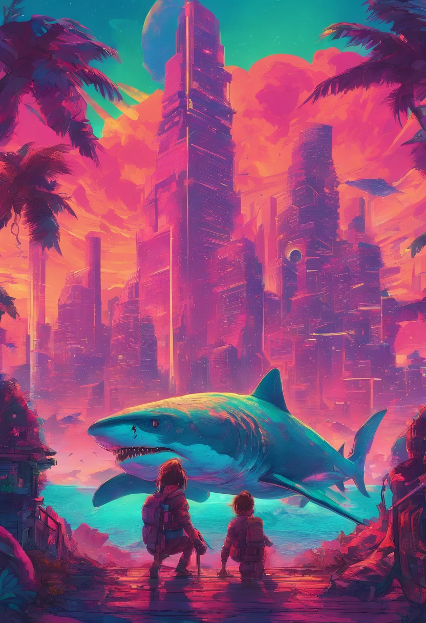 Anime - Small humans standing in front of giant sharks, Huge sharks,mechanized,Cyberpunk style,Fine details. anime big breast. Anime epic artwork, dreamy psychedelic anime, colorful concept art, emotional concept art, Beeple e James Jean, anime visuals, artgem and beeple masterpiece, Anime art wallpaper 4 K