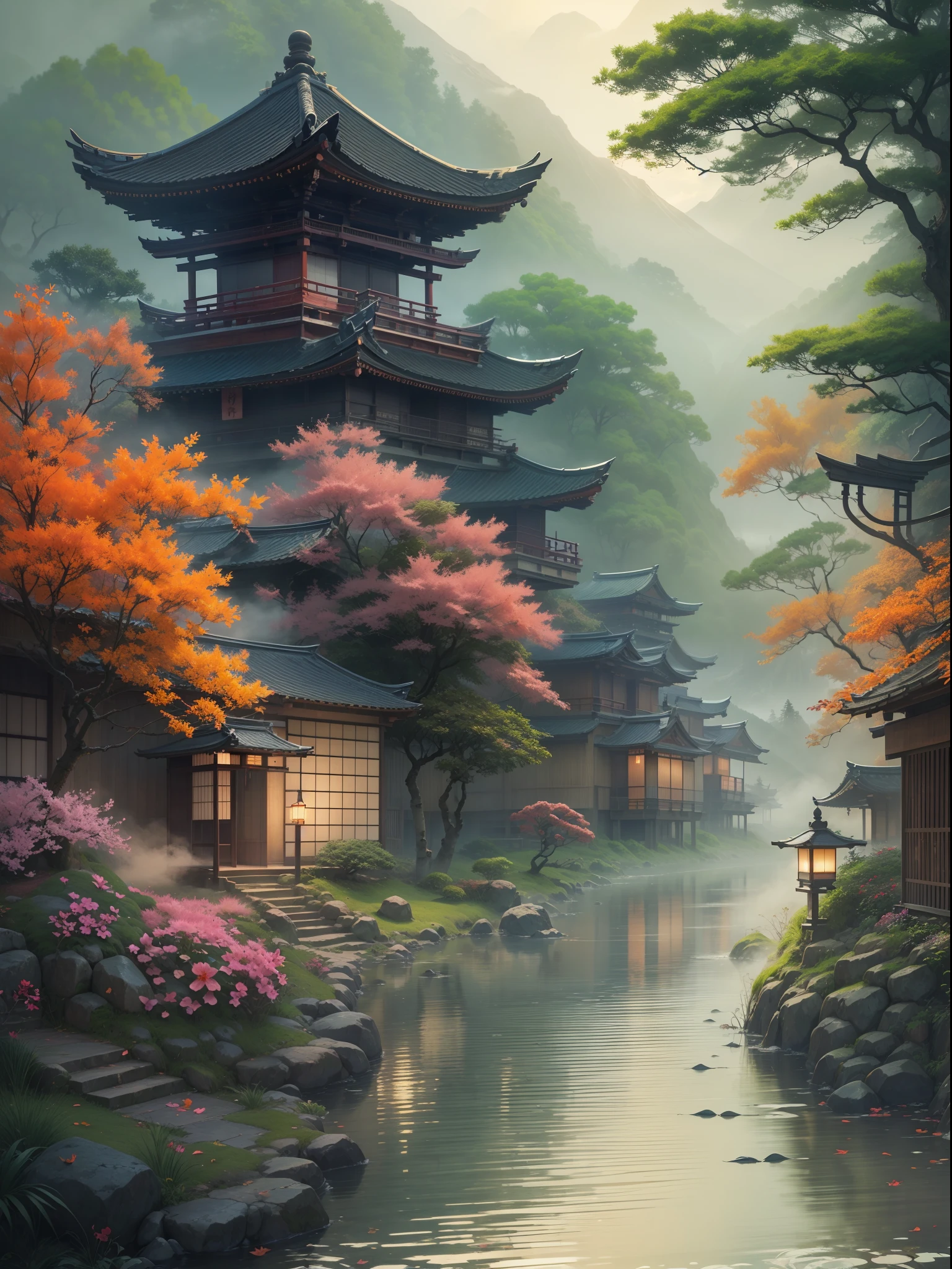 (highres,realistic:1.2),hidden leaf village,natural fog,mystical atmosphere,quiet morning,serene landscape,peaceful village,thick mist,Japanese architecture,sunrise over mountains,pine trees,tranquil river,narrow streets,stone bridges,traditional lanterns,gentle breeze,fallen leaves,distant mountains,reflection on the water,calm environment,empty streets,hidden paths,hint of mystery,shadows in the mist,hibiscus flowers,bamboo grove,ancient temples,vibrant nature,vivid colors,birds chirping,solitude,calmness,eerie beauty