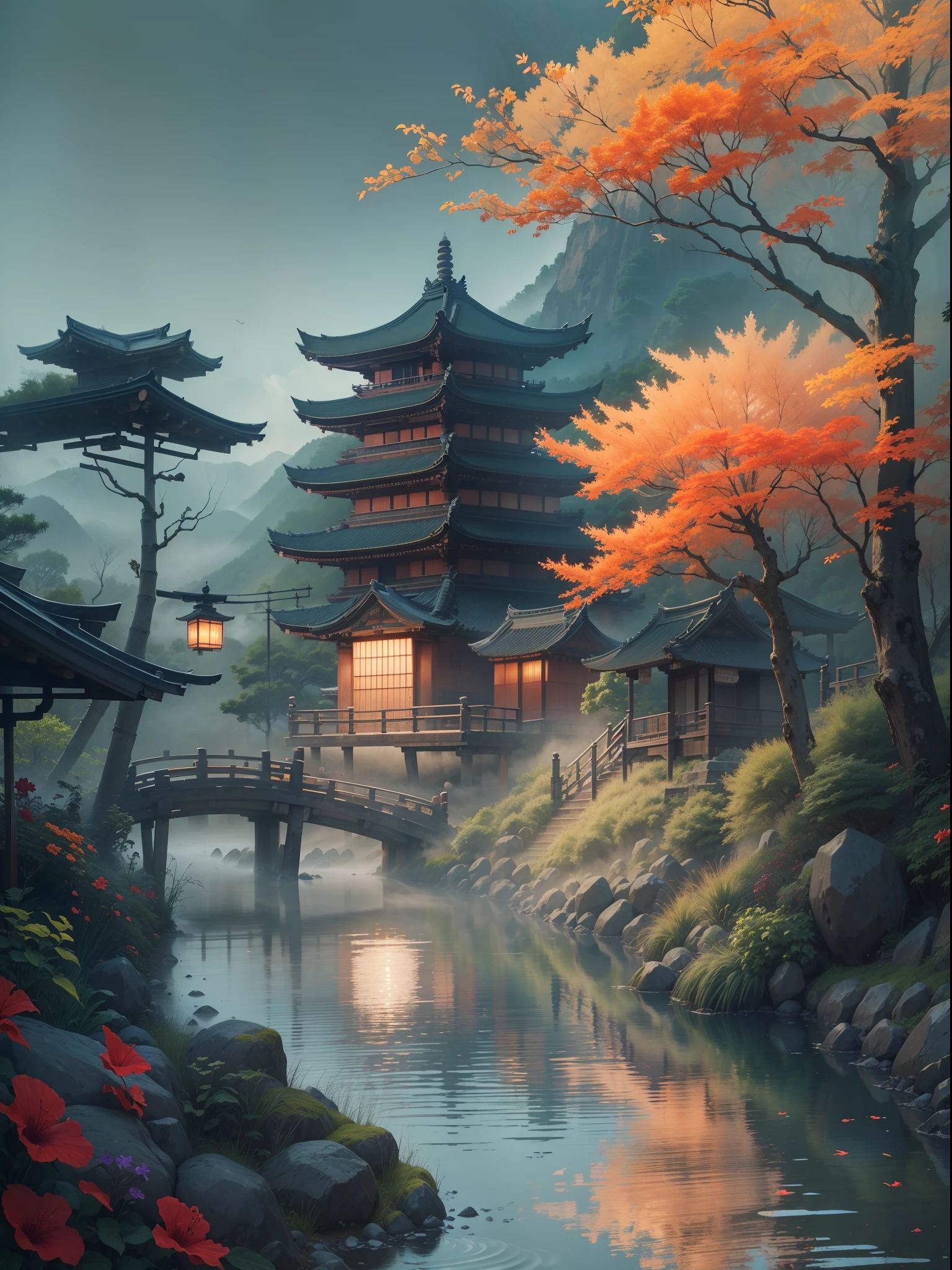 (highres,realistic:1.2),hidden leaf village,natural fog,mystical atmosphere,quiet morning,serene landscape,peaceful village,thick mist,Japanese architecture,sunrise over mountains,pine trees,tranquil river,narrow streets,stone bridges,traditional lanterns,gentle breeze,fallen leaves,distant mountains,reflection on the water,calm environment,empty streets,hidden paths,hint of mystery,shadows in the mist,hibiscus flowers,bamboo grove,ancient temples,vibrant nature,vivid colors,birds chirping,solitude,calmness,eerie beauty