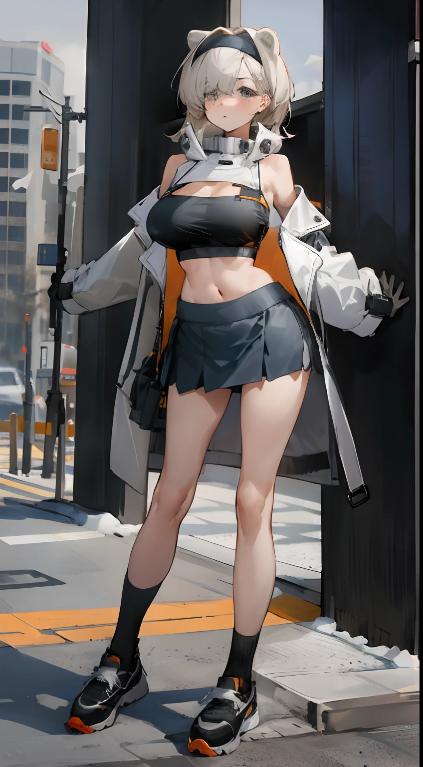 Bigboobs，cropped shoulders，knee length socks，pleatedskirt，athletic sneakers，Wear a trench coat outside，Wear a bandeau underneath，Stand up