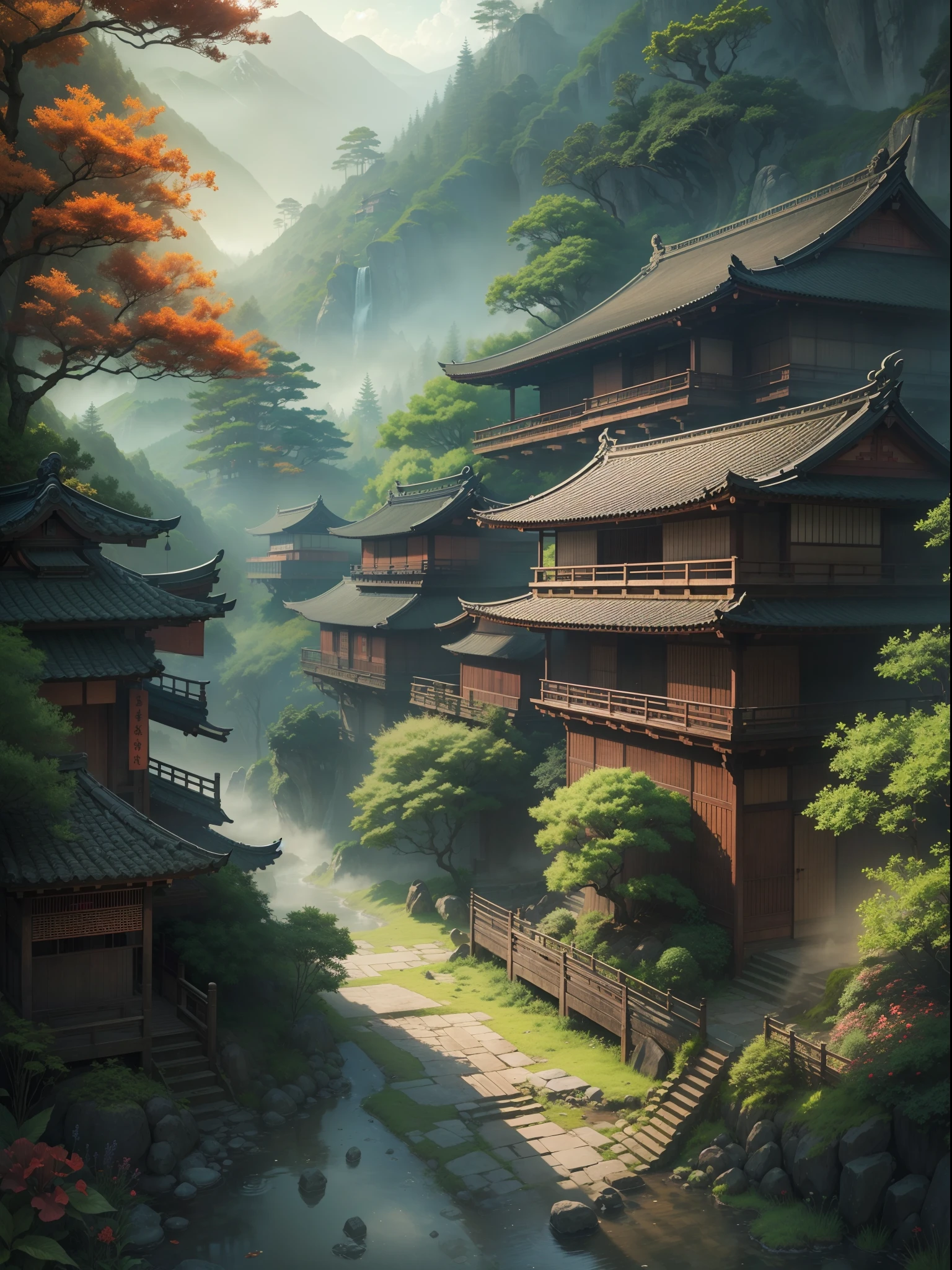 (highres,realistic:1.2),hidden leaf village,natural fog,mystical atmosphere,quiet morning,serene landscape,peaceful village,thick mist,Japanese architecture,sunrise over mountains,pine trees,tranquil river,narrow streets,stone bridges,traditional lanterns,gentle breeze,fallen leaves,distant mountains,reflection on the water,calm environment,empty streets,hidden paths,hint of mystery,shadows in the mist,hibiscus flowers,bamboo grove,ancient temples,vibrant nature,vivid colors,birds chirping,solitude,calmness,eerie beauty