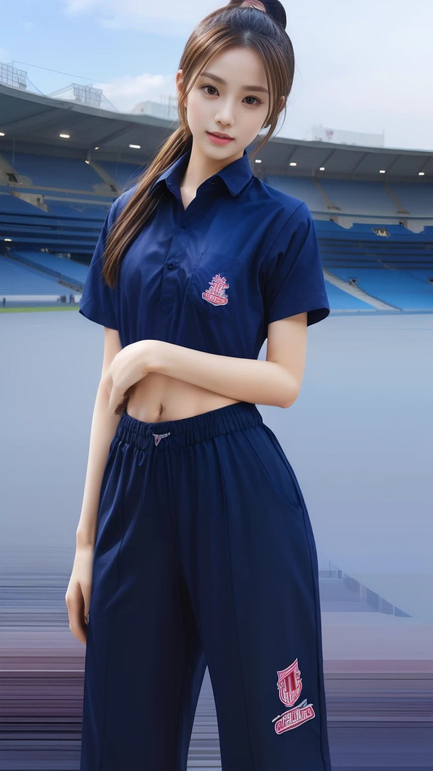 (bestquality,10,10,highres,masterpiece:1.2),ultra-detail,(Realistic,photorealistic portrait,photo-realistic:1.37),1 Cute girl in the football field,oily shiny skin,bara,light smile,BDclothes,((blue shirt:1.3)),short sleeves,shirt, trousers.,(navy_long_Pants Track:1.1), ((Stadium Background:1.3)),dynamic angle,excited,face focus,Dynamic Poses,from behide,Ass Focus,masterpiece, bestquality, ultra realistic, hyper-detail, 8k resolution, RAW photo, crisp focus, ((Navy blue shirt:1.1)), short sleeves, Long Path, Perfect body, 2 mature women, 18yo, cinematic light,Blue sweatpants,Gymware,Correct anatomy,Complete body, Correct body, sharp face, Anatomically correct body, full entire body, Realistic gestures, long-haired, Realistic poses,Wear long shorts.........,Long leg span,Shapely,Sculpting Girl, Slender Figure, mannequin mannequins, Shapely, Beautiful body