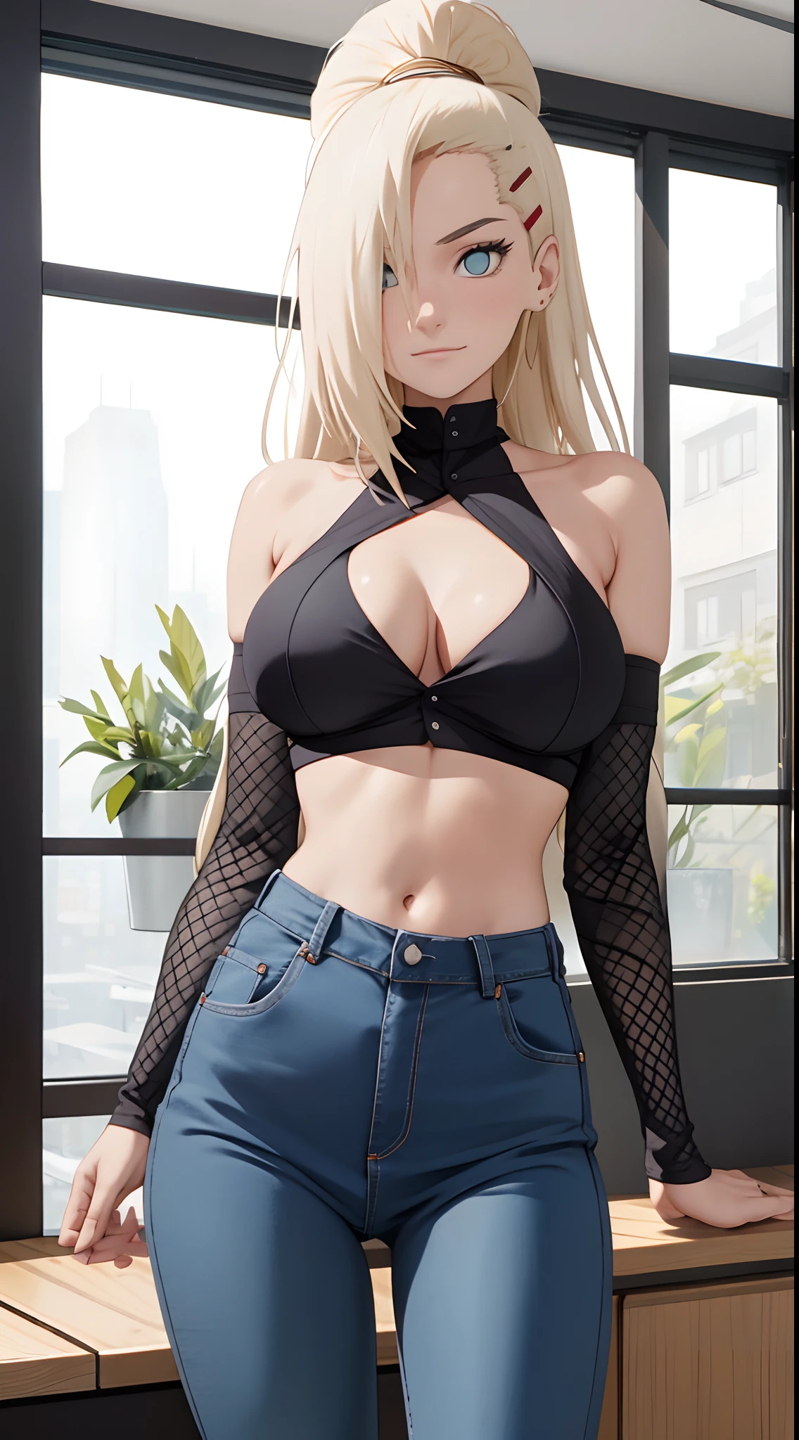 Ino yamanaka， schneit， sat，Spaltung，smil，Rot im Gesicht sein，drinnen im Zimmer，Nahaufnahme Nahaufnahme，mit einer guten Figur,mid large breasts,The breasts fall out immediately,clenched breasts,enges, spaghetti strap shirt,Blaue skinny Jeans,both arms behind the back,perfekter Arsch,ansicht von hinten