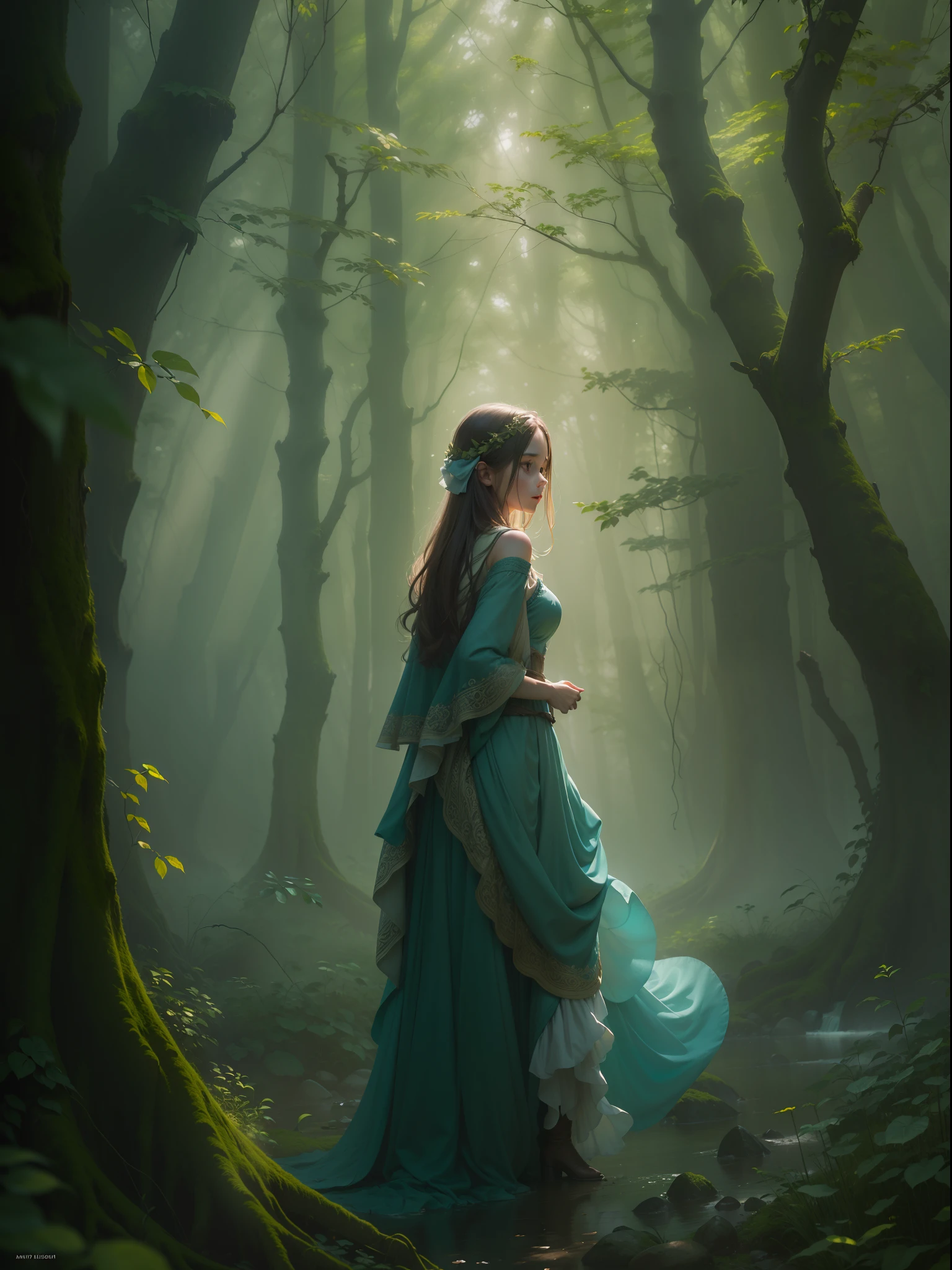 There is a girl in the misty woods. She is walking gracefully through the trees, with a sense of mystery surrounding her. The mist is dense and covers the ground, creating an ethereal atmosphere. The woods are filled with tall, ancient trees, their branches intertwining above her head. The air is cool and damp, with a hint of earthy scent. The girl wears a long flowing dress, blending in perfectly with the surroundings. Her eyes are piercing and expressive, reflecting the beauty and secrets of the woods. Rays of soft sunlight pierce through the mist, creating an enchanting play of light and shadow. The scene is captured in a mesmerizing oil painting style, with vivid colors and texture. The overall image is of the highest quality, with ultra-detailed features and a realistic touch. The mist lends a touch of mystery, adding to the allure of the composition. The color palette is dominated by earthy tones, with hints of greens and blues peeking through. Natural lighting accentuates the depth and dimension of the woods, casting soft shadows and highlighting the girl's features. This prompt combines the beauty of nature with a touch of fantasy, transporting viewers into a captivating world.