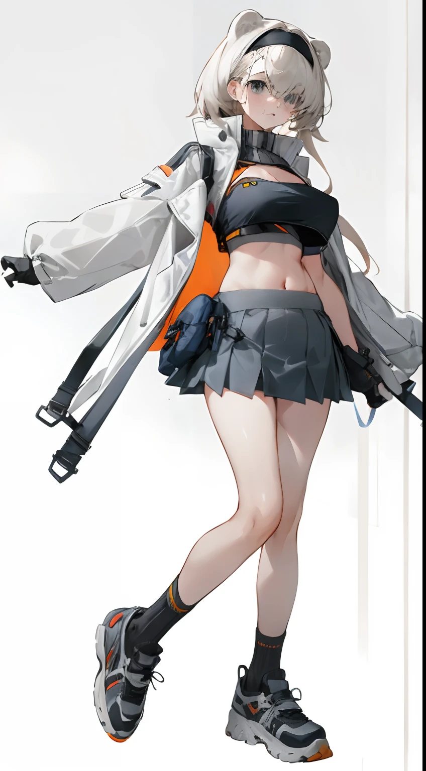 Bigboobs，cropped shoulders，knee length socks，pleatedskirt，athletic sneakers，Wear a trench coat outside，Wear a bandeau underneath，Stand up