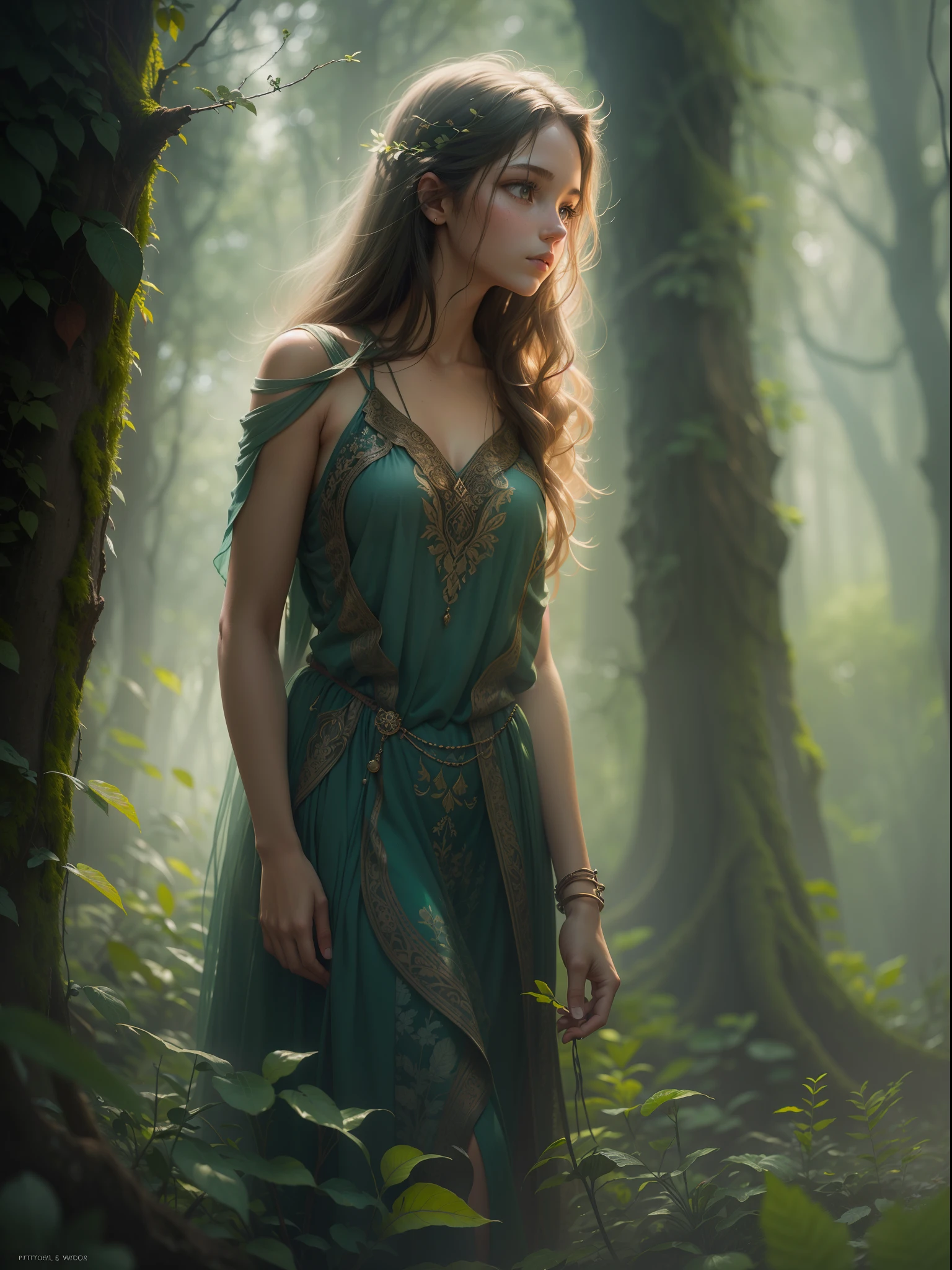 a beautiful woman with long brown hair, piercing green eyes, elegant facial features, wearing a flowing silver dress, standing in a mystical forest with glowing fireflies, soft ethereal lighting, fantasy landscape, intricate detail, cinematic composition, vibrant colors, dreamlike atmosphere, photorealistic, 8k, best quality, masterpiece
