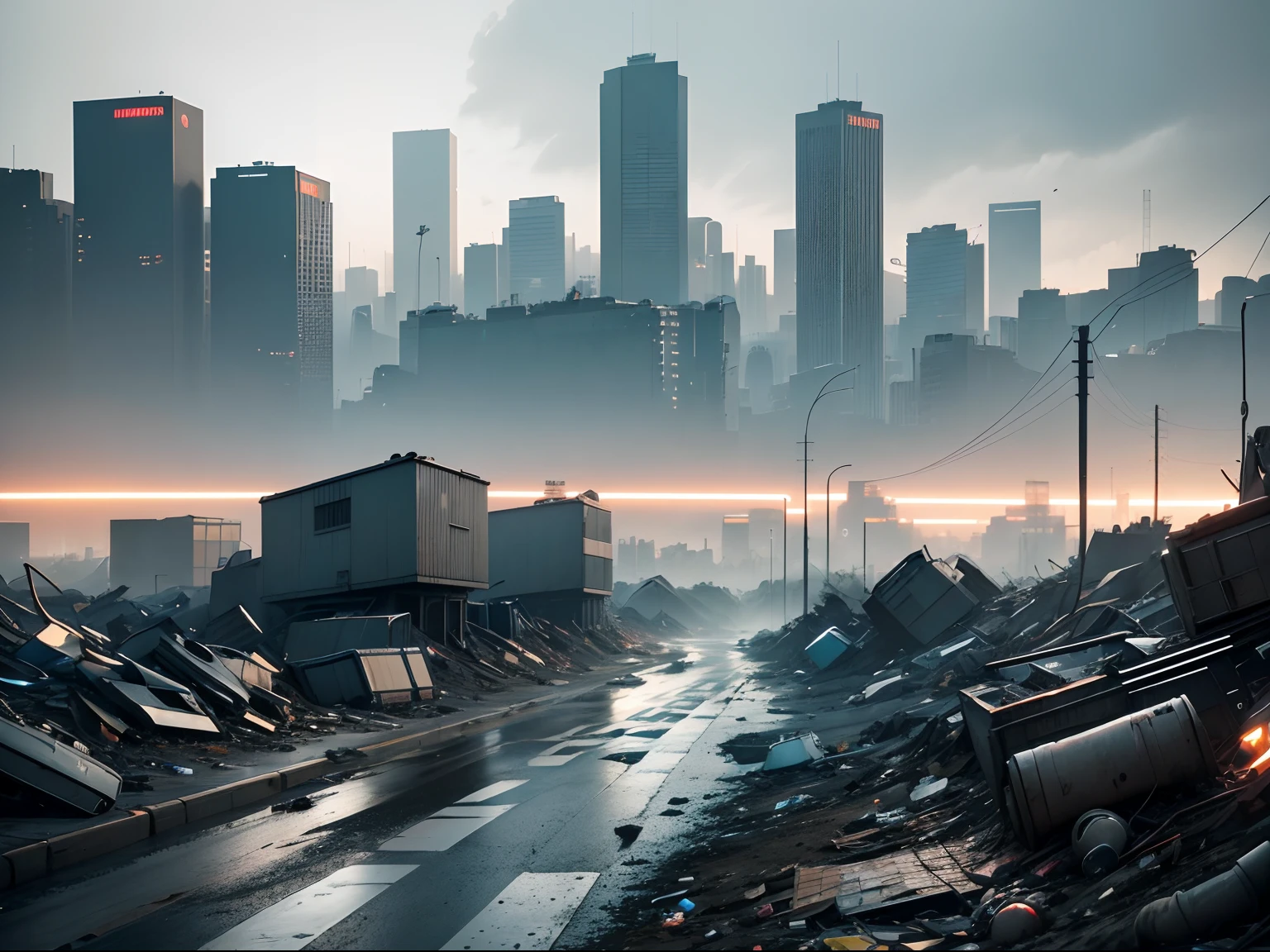 Dump site near the overpass on a rainy day Road nearby ((So many robotic parts are thrown away)) Robot hands and feet are being discarded Near future frontage Perspective from above 3d rendered A little perspective digital concept art of dystopian I see the city in the distance cyberpunked captured through a telephoto lens Gray background Taken from human eye level Drones and tablets are being thrown away Anime style