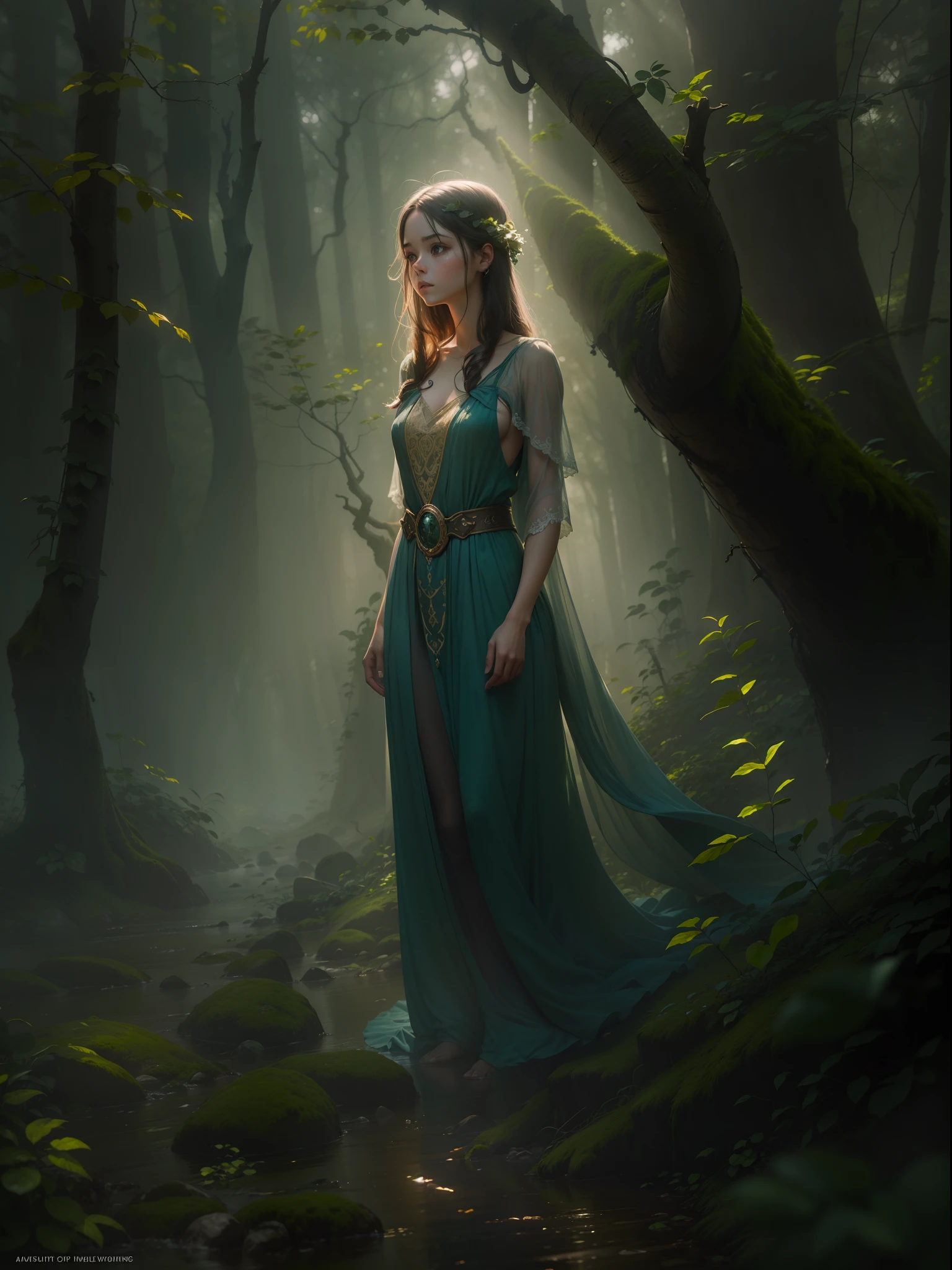 There is a girl in the misty woods. She is walking gracefully through the trees, with a sense of mystery surrounding her. The mist is dense and covers the ground, creating an ethereal atmosphere. The woods are filled with tall, ancient trees, their branches intertwining above her head. The air is cool and damp, with a hint of earthy scent. The girl wears a long flowing dress, blending in perfectly with the surroundings. Her eyes are piercing and expressive, reflecting the beauty and secrets of the woods. Rays of soft sunlight pierce through the mist, creating an enchanting play of light and shadow. The scene is captured in a mesmerizing oil painting style, with vivid colors and texture. The overall image is of the highest quality, with ultra-detailed features and a realistic touch. The mist lends a touch of mystery, adding to the allure of the composition. The color palette is dominated by earthy tones, with hints of greens and blues peeking through. Natural lighting accentuates the depth and dimension of the woods, casting soft shadows and highlighting the girl's features. This prompt combines the beauty of nature with a touch of fantasy, transporting viewers into a captivating world.