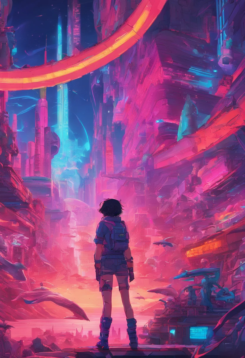 Anime - Small human standing in front of giant dolphins, Giant dolphins，mechanized，Cyberpunk style，Fine details. anime big breast. Anime epic artwork, dreamy psychedelic anime, colorful concept art, emotional concept art, Beeple e James Jean, anime visuals, artgem and beeple masterpiece, Anime art wallpaper 4 K