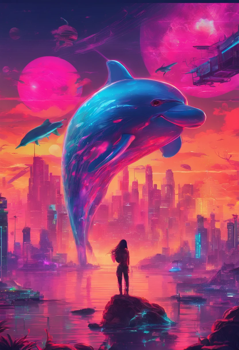 Anime - Small human standing in front of giant dolphins, Giant dolphins，mechanized，Cyberpunk style，Fine details. anime big breast. Anime epic artwork, dreamy psychedelic anime, colorful concept art, emotional concept art, Beeple e James Jean, anime visuals, artgem and beeple masterpiece, Anime art wallpaper 4 K