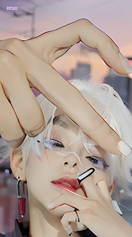 izana kurokawa, 1 boy, white hair, messy hair, purple eyes, black eyebrows, holding a cigarette, earrings, tokyo revenger character, cool boy