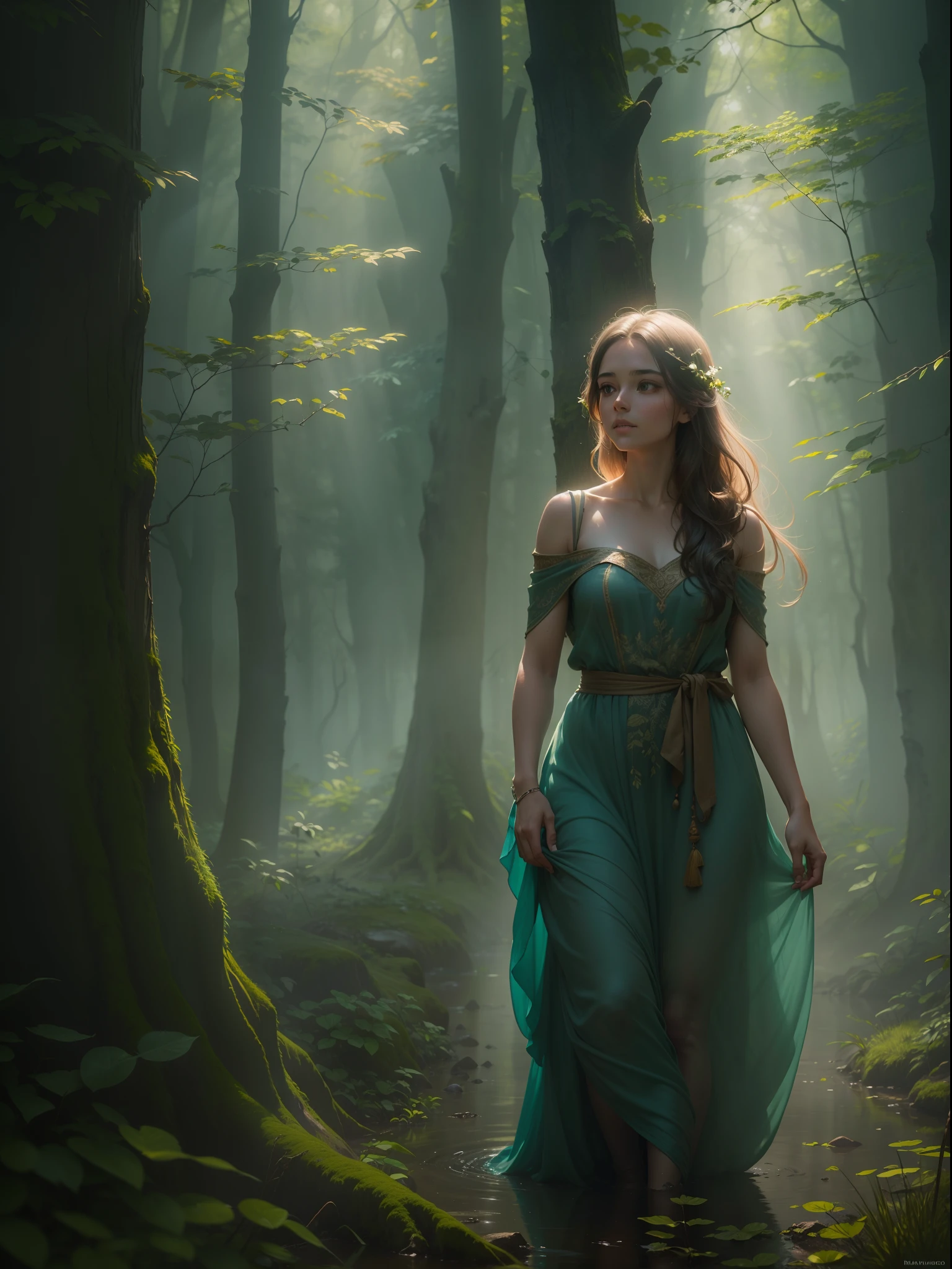 There is a girl in the misty woods. She is walking gracefully through the trees, with a sense of mystery surrounding her. The mist is dense and covers the ground, creating an ethereal atmosphere. The woods are filled with tall, ancient trees, their branches intertwining above her head. The air is cool and damp, with a hint of earthy scent. The girl wears a long flowing dress, blending in perfectly with the surroundings. Her eyes are piercing and expressive, reflecting the beauty and secrets of the woods. Rays of soft sunlight pierce through the mist, creating an enchanting play of light and shadow. The scene is captured in a mesmerizing oil painting style, with vivid colors and texture. The overall image is of the highest quality, with ultra-detailed features and a realistic touch. The mist lends a touch of mystery, adding to the allure of the composition. The color palette is dominated by earthy tones, with hints of greens and blues peeking through. Natural lighting accentuates the depth and dimension of the woods, casting soft shadows and highlighting the girl's features. This prompt combines the beauty of nature with a touch of fantasy, transporting viewers into a captivating world.