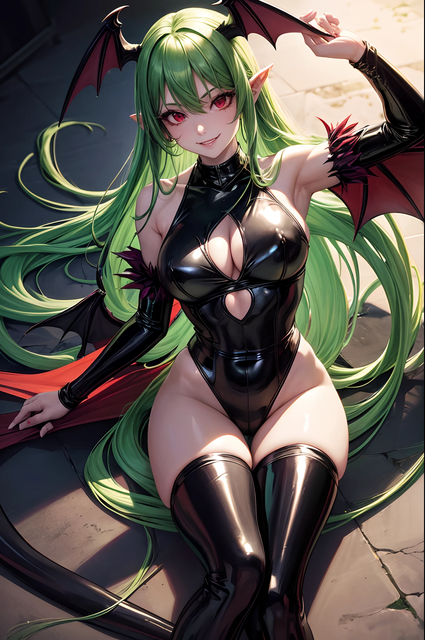 1girl, Morrigan_Aensland, beautiful face, pretty, green hair, long hair, straight hair, hair bang, straight hair bang, red eyes, demon, succubus, demon wings, head wings, smiling sadistically, black leotard, latex leotard, black stockings, latex stockings, torture room, red light