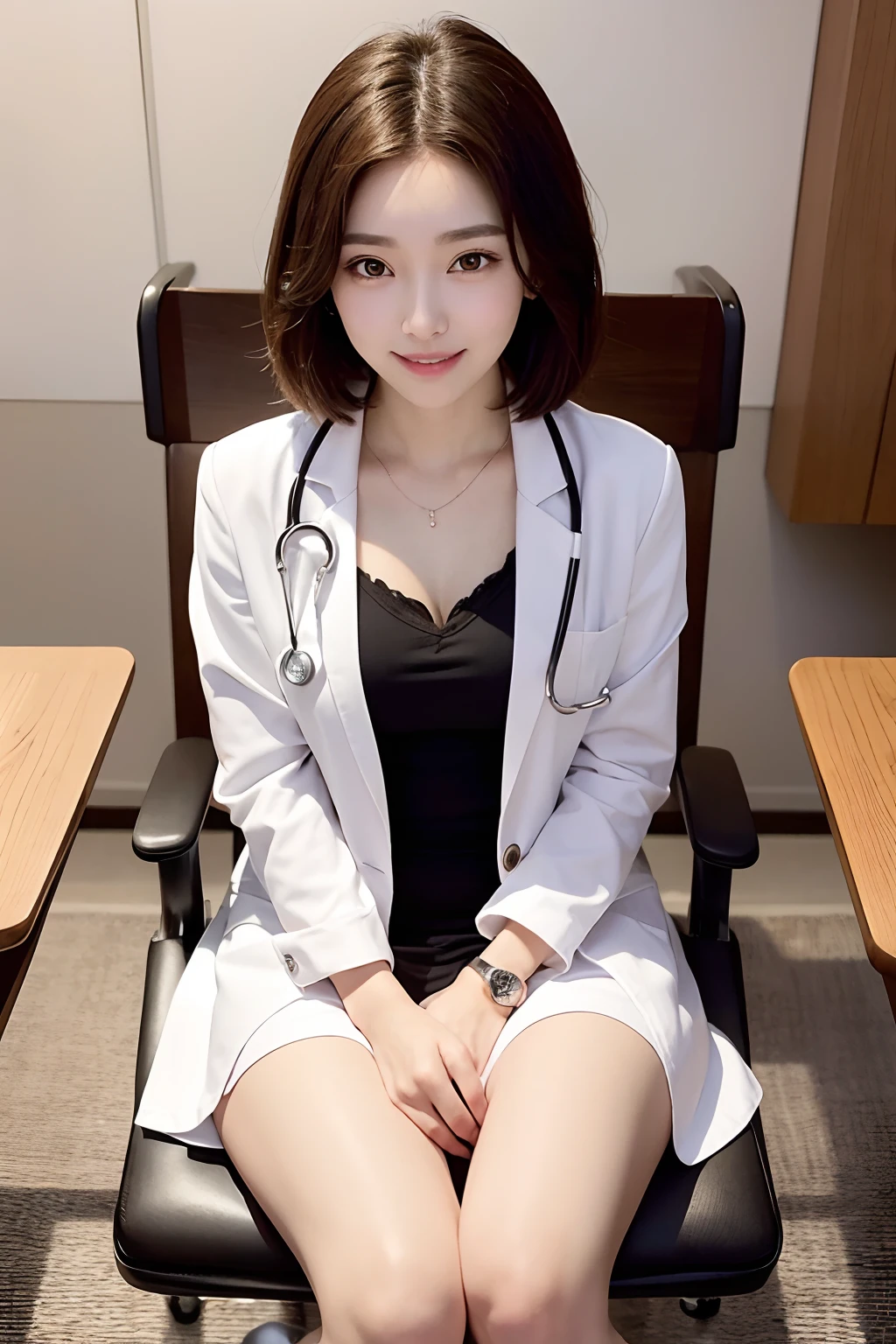 Female doctor in white coat、１Man Woman、(Smile Face:1.1)、Slim Face、The most beautiful women in the world、hyperdetailed face、Detailed eye、二重まぶた、Kamimei、perfect teeth、Perfect tooth alignment、(glistning skin)、(sun-kissed skin)、(real looking skin)、Blurred background、full body Esbian、frontage、Slim Face、Brightly colored clothing、Sit in a chair in the exam room、Wear a stethoscope、From  above、a miniskirt、beautiful hairl、I can see the cleavage、Full Body Pose、(pureerosface_v1:0.8)、a small face、ssmile、A sexy、hide one's hands