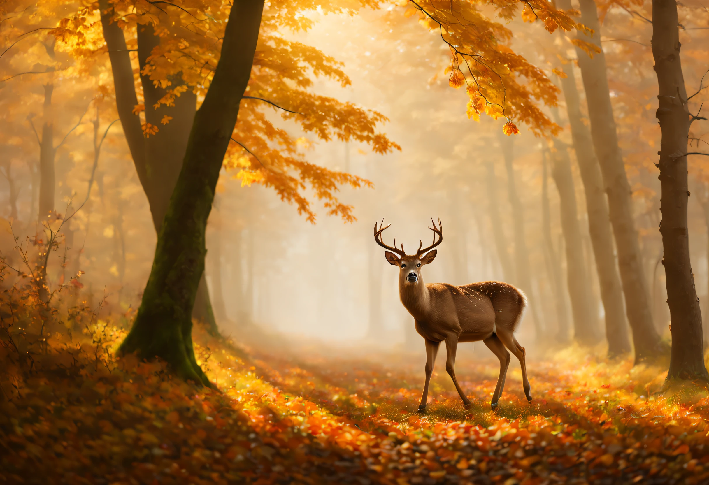 (best quality, 4k, 8k, high resolution, masterpiece: 1.2), ultra detailed, (realistic, photorealistic, photorealistic: 1.37),Beautiful view of autumn, dreamlike, there is a lot of fog in the forest, a deer, magnificent award-winning image.