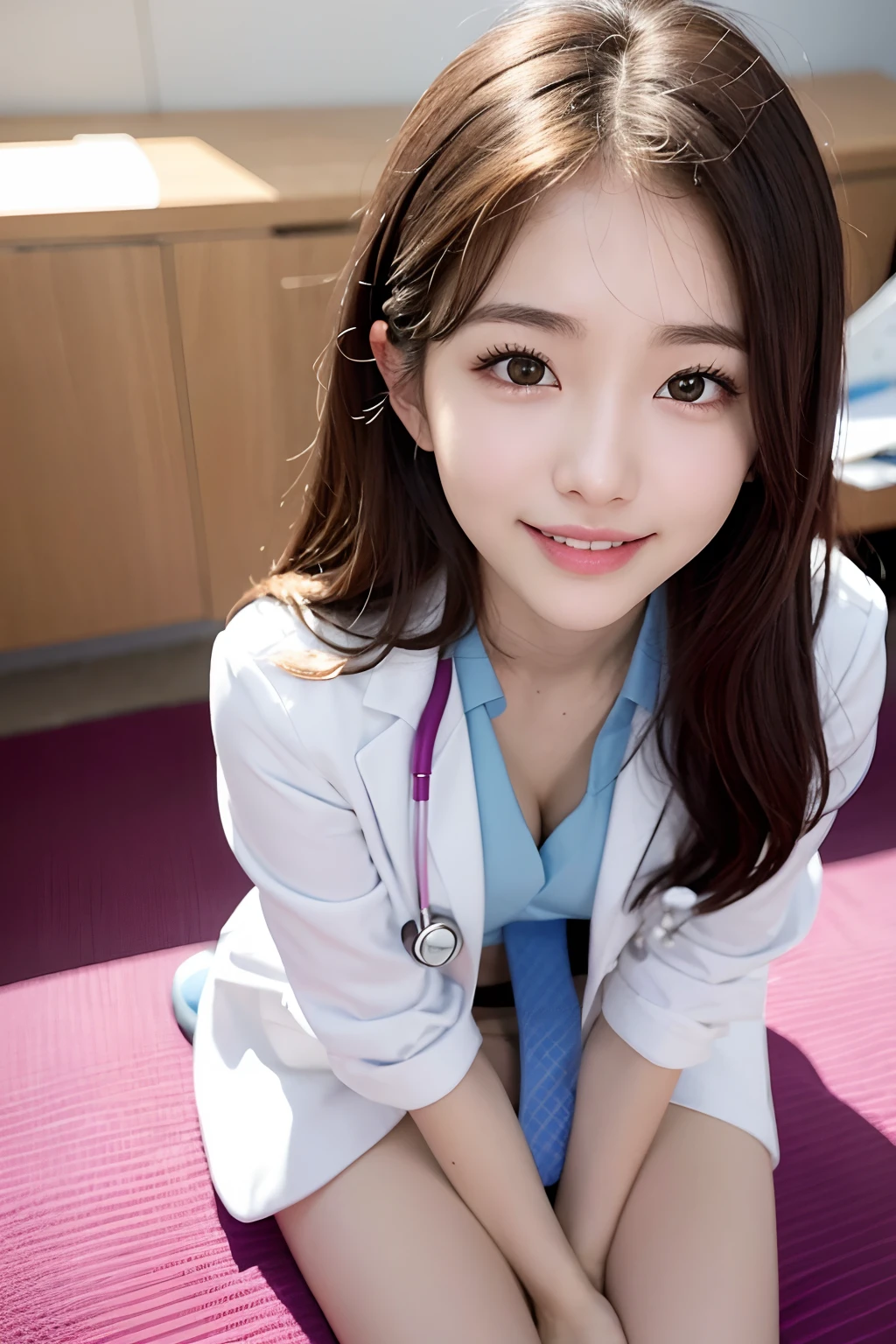 Female doctor in white coat、１Man Woman、(Smile Face:1.1)、Slim Face、The most beautiful women in the world、hyperdetailed face、Detailed eye、二重まぶた、Kamimei、perfect teeth、Perfect tooth alignment、(glistning skin)、(sun-kissed skin)、(real looking skin)、Blurred background、full body Esbian、frontage、Slim Face、Brightly colored clothing、Sit in a chair in the exam room、Wear a stethoscope、From  above、a miniskirt、beautiful hairl、I can see the cleavage、Full Body Pose、(pureerosface_v1:0.8)、a small face、ssmile、A sexy、hide one's hands,spreading legs、