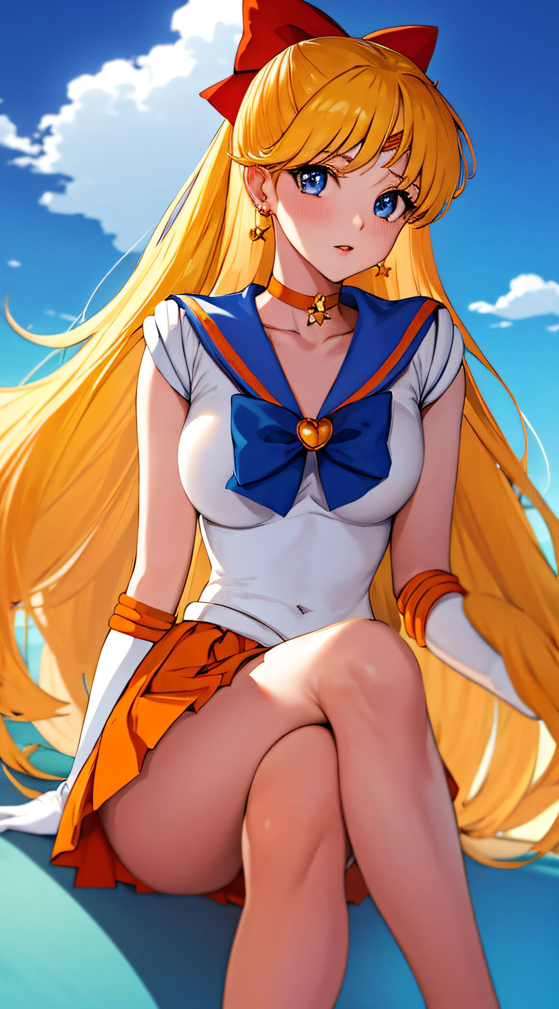 masterpiece, best quality, highres, venus1, 1girl, solo, sailor senshi uniform, sailor venus, aino minako, blonde hair, magical girl, blue eyes, orange skirt, elbow gloves, tiara, pleated skirt, hair bow, orange sailor collar, miniskirt, choker, red bow, orange choker, white gloves, very long hair, jewelry, earrings, sitting, crossed legs,