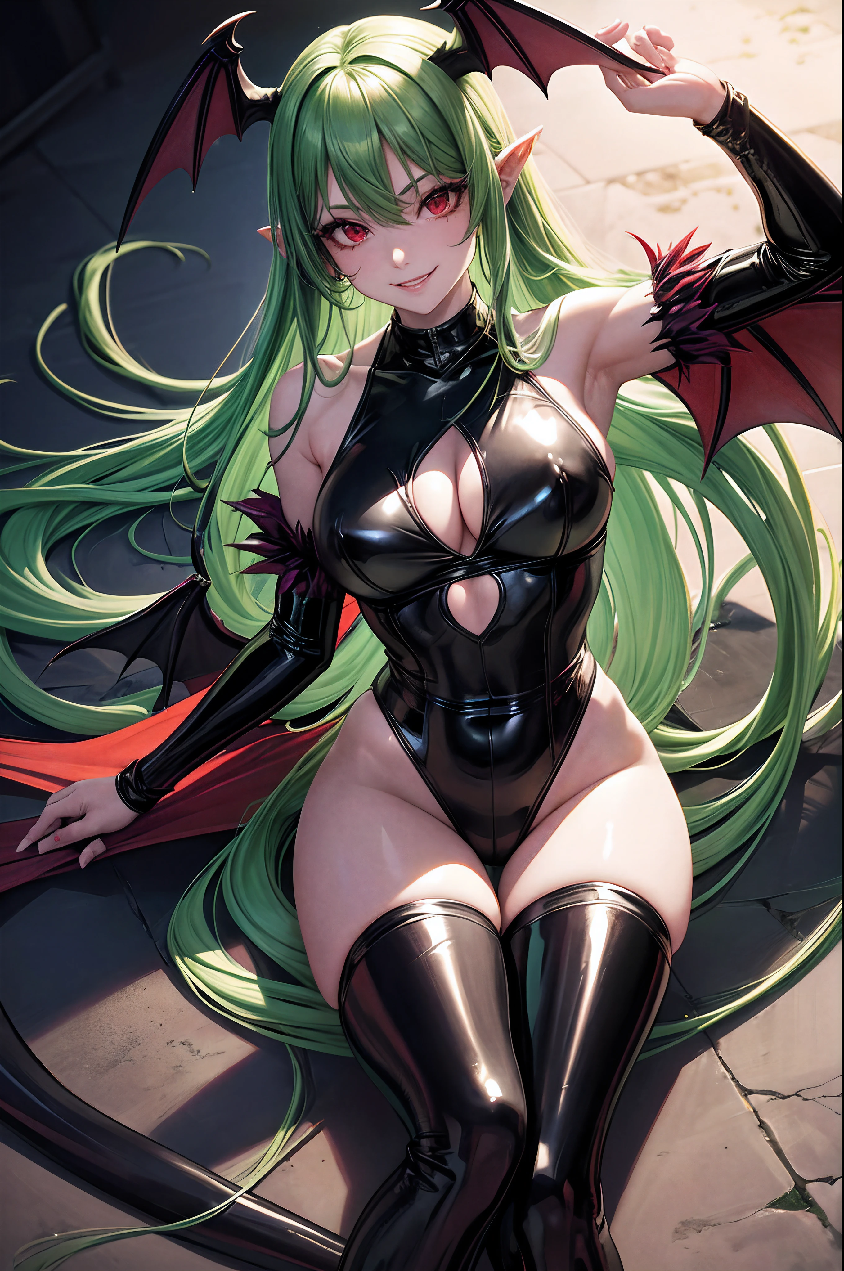1girl, Morrigan_Aensland, beautiful face, pretty, green hair, long hair, straight hair, hair bang, straight hair bang, red eyes, demon, succubus, demon wings, head wings, smiling sadistically, black leotard, latex leotard, black stockings, latex stockings, torture room, red light