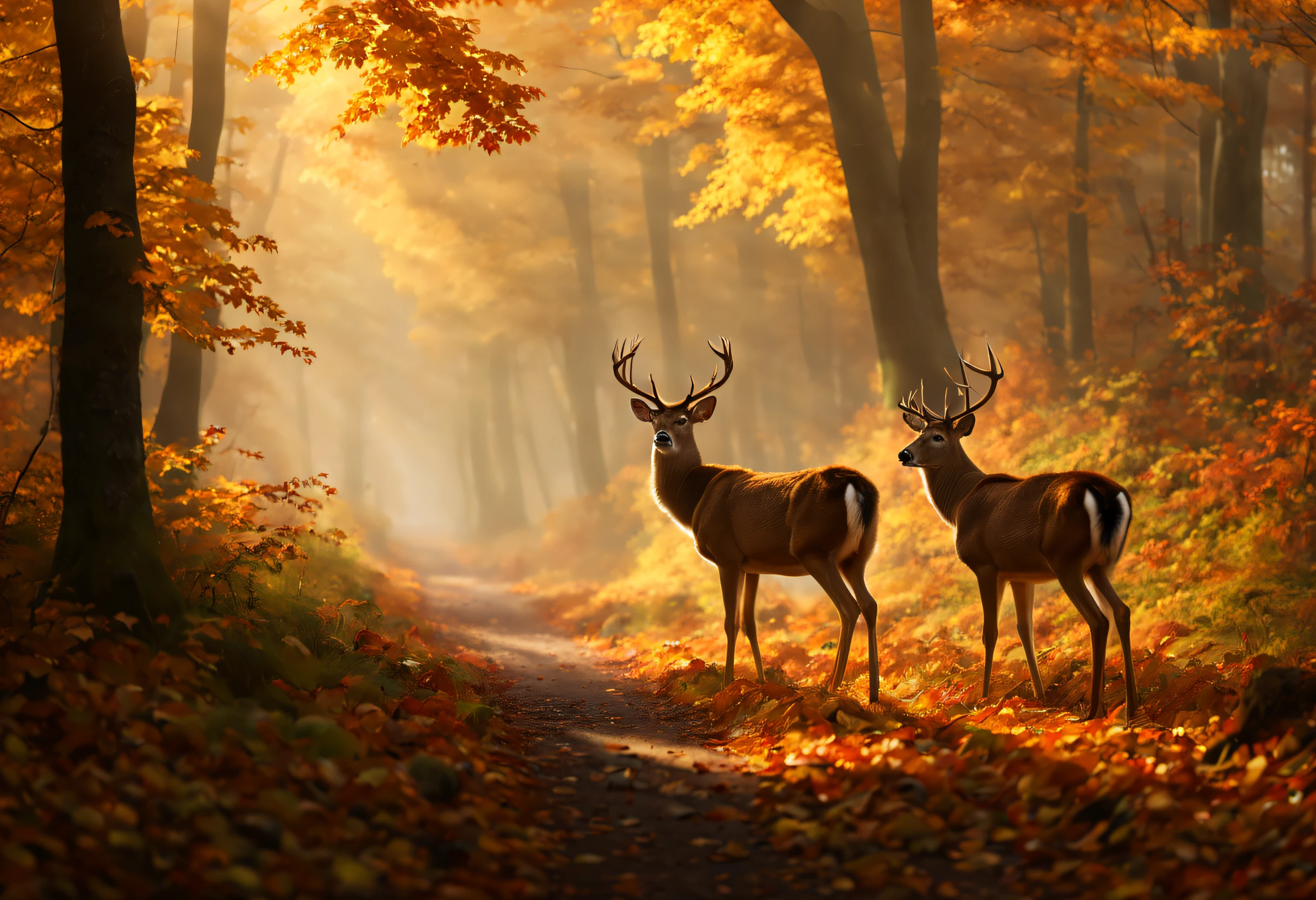 (best quality, 4k, 8k, high resolution, masterpiece: 1.2), ultra detailed, (realistic, photorealistic, photorealistic: 1.37),Beautiful view of autumn, dreamlike, there is a lot of fog in the forest, a deer, magnificent award-winning image.