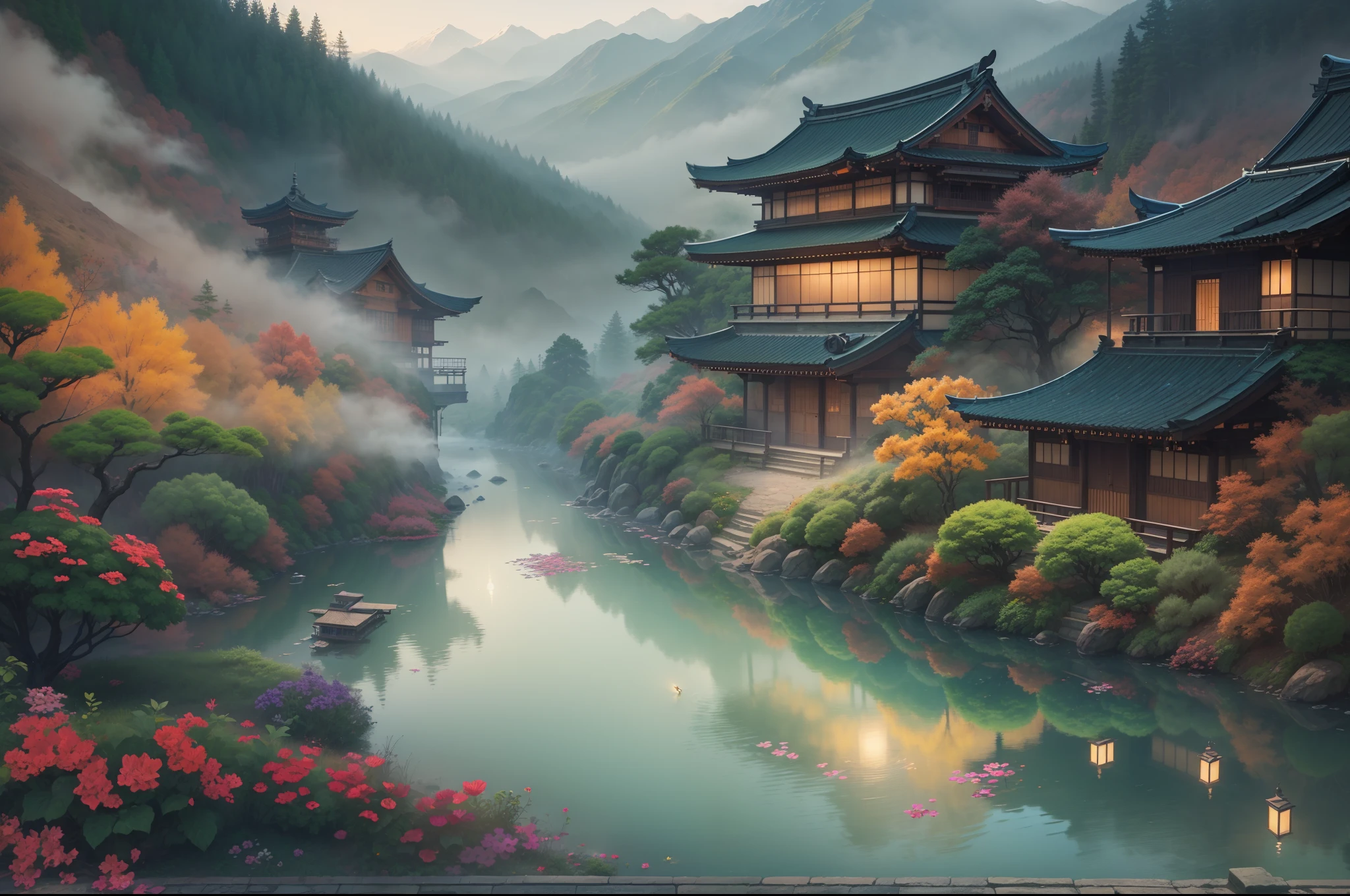 (highres,realistic:1.2),hidden leaf village,natural fog,mystical atmosphere,quiet morning,serene landscape,peaceful village,thick mist,Japanese architecture,sunrise over mountains,pine trees,tranquil river,narrow streets,stone bridges,traditional lanterns,gentle breeze,fallen leaves,distant mountains,reflection on the water,calm environment,empty streets,hidden paths,hint of mystery,shadows in the mist,hibiscus flowers,bamboo grove,ancient temples,vibrant nature,vivid colors,birds chirping,solitude,calmness,eerie beauty
