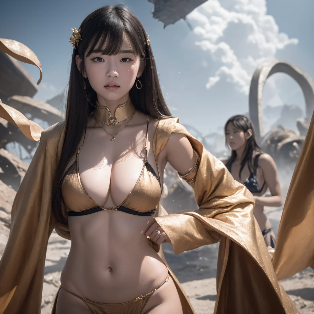 Future mecha female general,The void is shattered,Smoke billowing mecha female CG giant secret realm,Asian women pose in colorful bikinis, Realistic secret mech girl rendering, detailed face of a asian girl, Reality in the secret world, Smooth CG art, Realistic. Cheng Yi, Realistic secret style, A lovely secret rendering, Rendu portrait 8k, Render character art 8 K, Realistic portrait of a mecha woman, (Linen batik scarf), Angry fighting stance, looking at the ground, Batik linen bandana, Mecha Female Secret Realm(Abstract propylene splash:1.2), Dark clouds lightning background,废墟(realisticlying:1.4),Black color hair,Flour fluttering,Telephoto lens high, A high resolution, the detail, RAW photogr, Sharp Re, Nikon D850 Film Stock Photo by Jefferies Lee 4 Kodak Portra 400 Camera F1.6 shots, Rich colors, ultra-realistic vivid textures, Dramatic lighting,8K quality, Girls,Backstreets, Dark clouds lightning background(realisticlying:1.4),Black color hair,Uncharted, RAW photogr, Sharp Re, Nikon D850 Film Stock Photo by Jefferies Lee 4 Kodak Portra 400 Camera F1.6 shots, Rich colors, ultra-realistic vivid textures, Drama light film CG agency,Tropical canyon battle scene、Mecha woman、Faraway view、intense battles、high detal、masuter piece、NSFW,Mecha Woman Doomsday Ruins(Uncharted)Climb the streets(Armageddon)eyes filled with angry,Clenched his fists