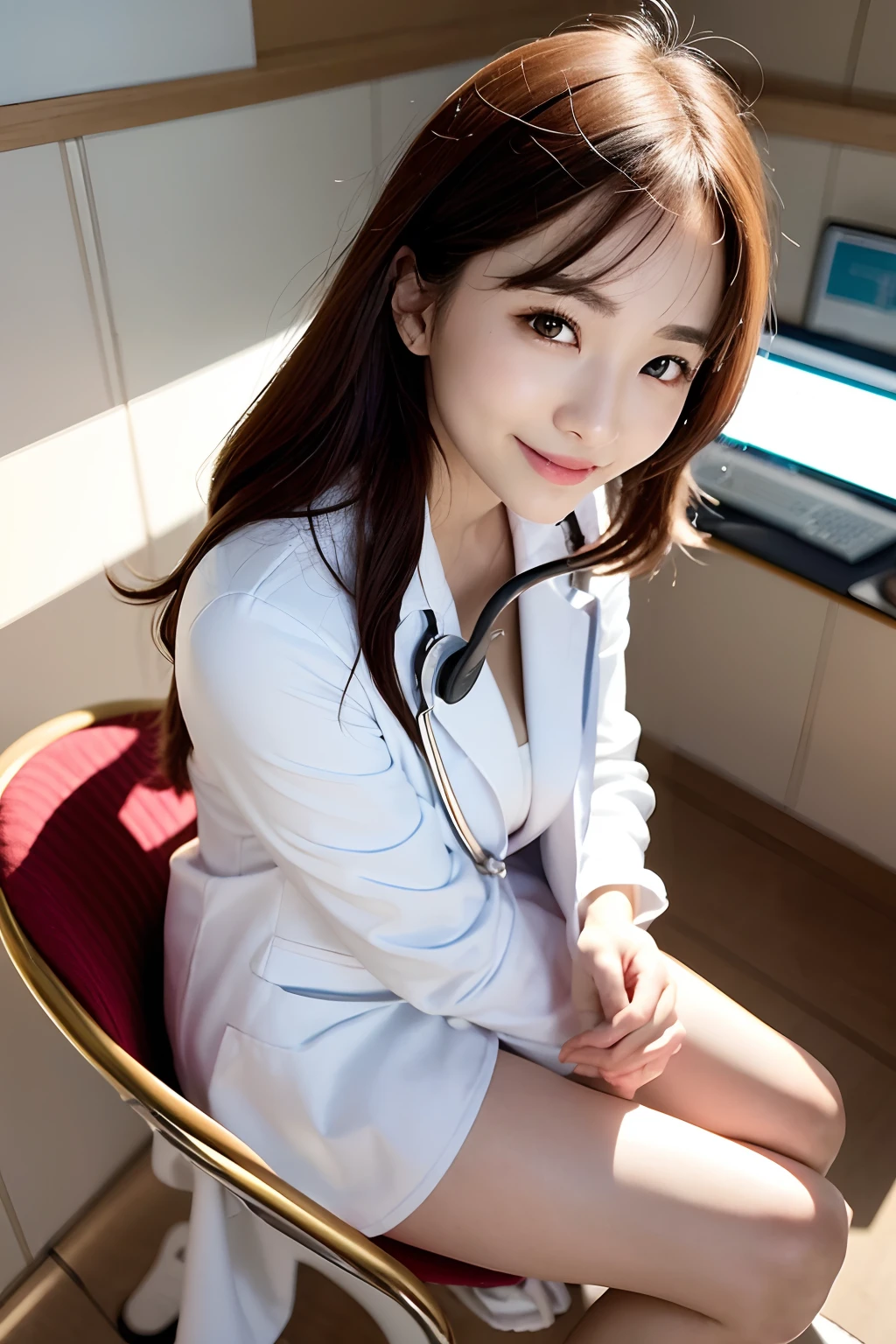 Female doctor in white coat、1Man Woman、(Smile Face:1.1)、Slim Face、The most beautiful women in the world、hyperdetailed face、Detailed eye、二重まぶた、Kamimei、perfect teeth、Perfect tooth alignment、(glistning skin)、(sun-kissed skin)、(real looking skin)、Blurred background、full body Esbian、frontage、Slim Face、Brightly colored clothing、Sit in a chair in the exam room、Wear a stethoscope、From above、a miniskirt、beautiful hairl、I can see the cleavage、Full Body Pose、(pureerosface_v1:0.8)、a small face、ssmile、A sexy、hide one's hands